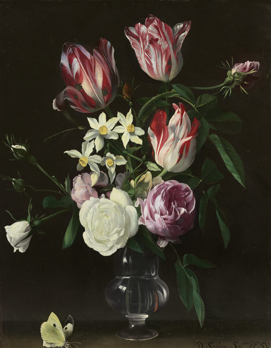 Daniël Seghers - Bloemenvaas met rozen, narcissen en tulpen