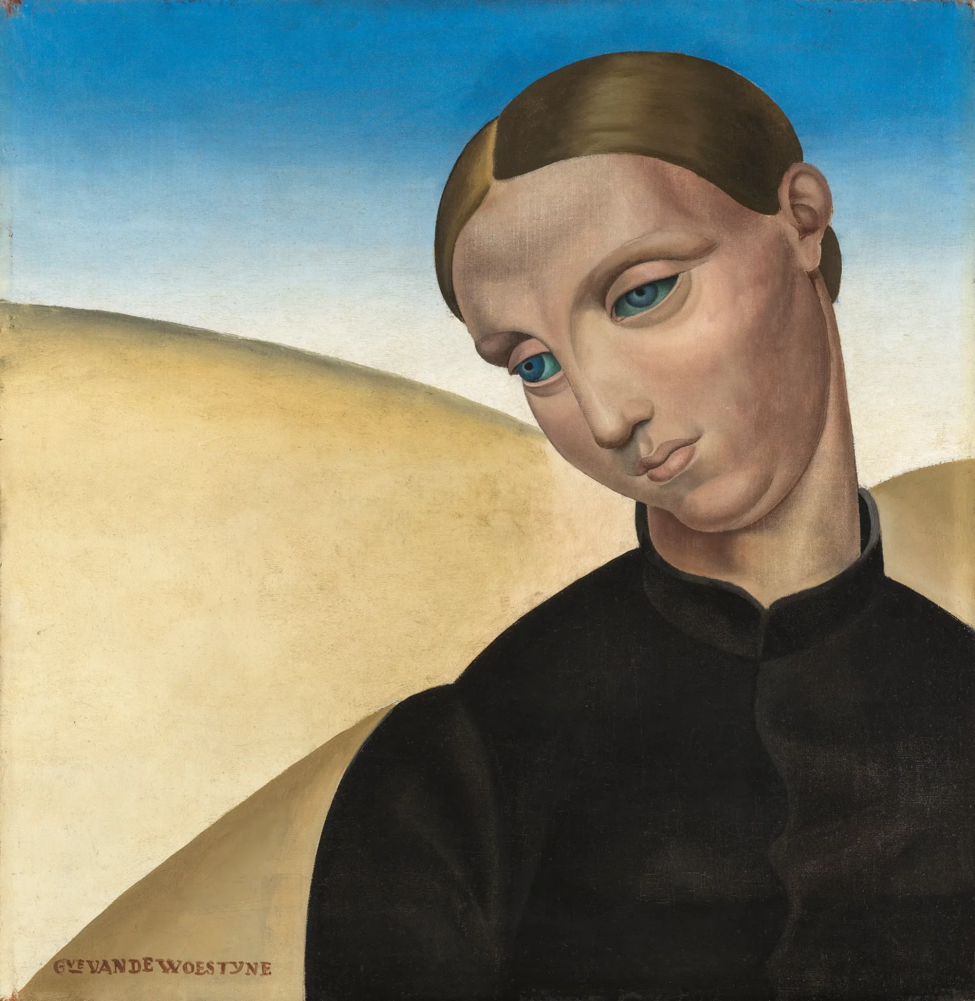 Portrait of a young figure with large blue eyes and smoothly combed hair set against a quiet landscape of rolling hills and a clear blue sky. The dark clothing contrasts with the pale background, while the lowered gaze and stylised forms create a restrained and contemplative atmosphere.