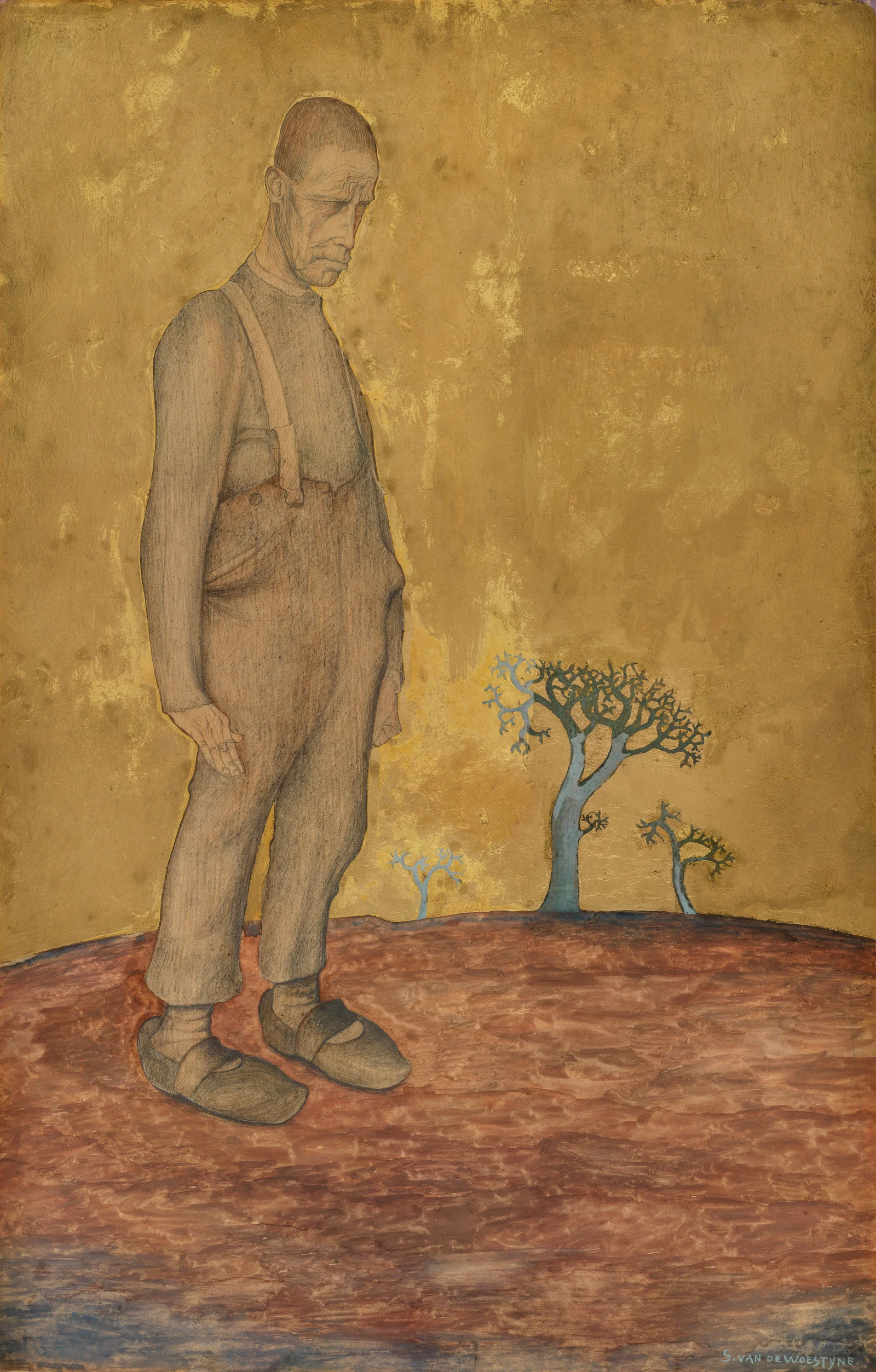 Schilderij van een eenzame staande figuur in eenvoudige werkkleding op een roodbruine ondergrond tegen een goudkleurige achtergrond. De man kijkt neerwaarts en staat naast enkele kleine, gestileerde bomen.