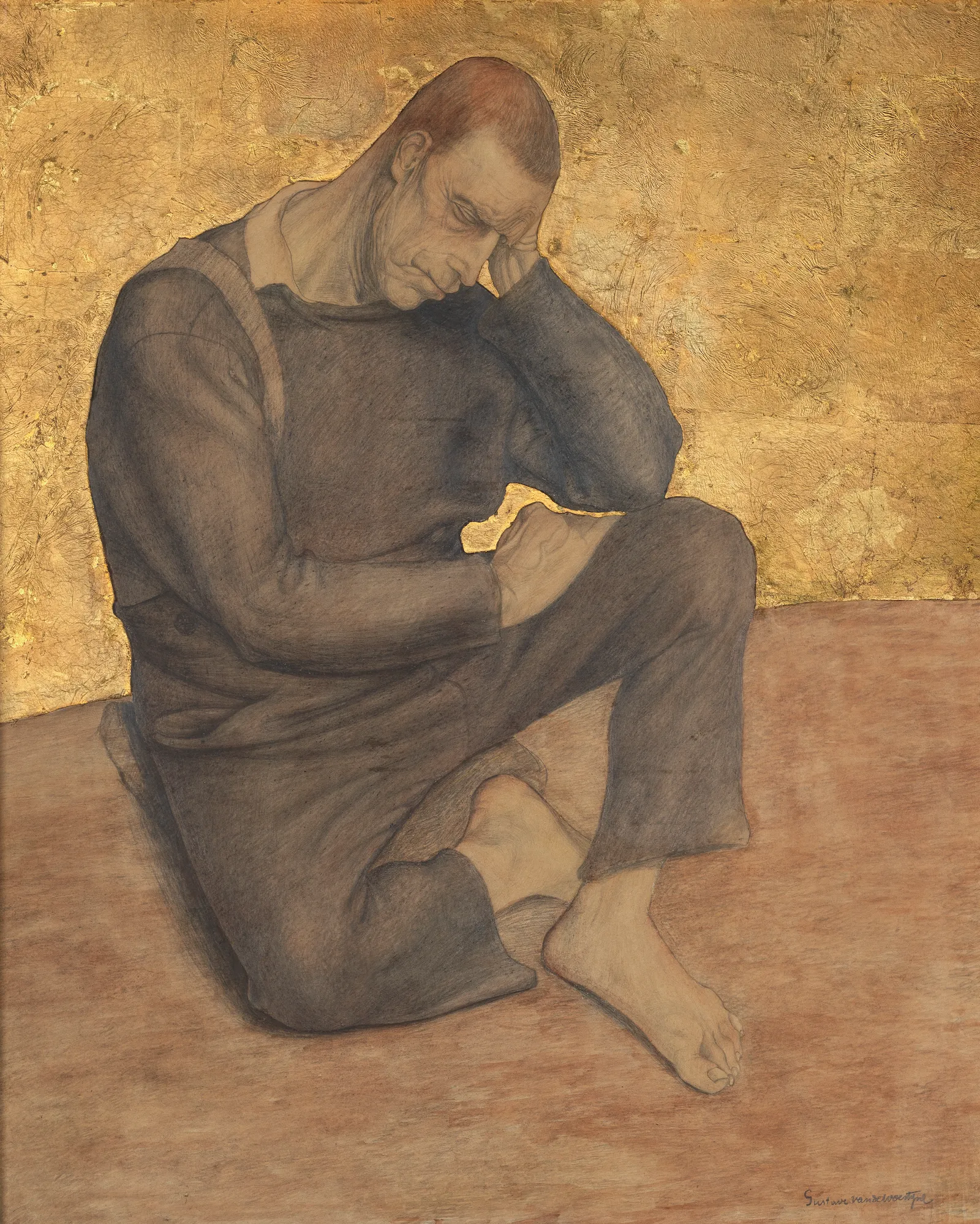 Schilderij van een zittende figuur in donkere kleding, verdiept in gedachten tegen een goudkleurige achtergrond. Met het hoofd rustend op één hand en de blik naar beneden gericht straalt de compositie stilte en introspectie uit.