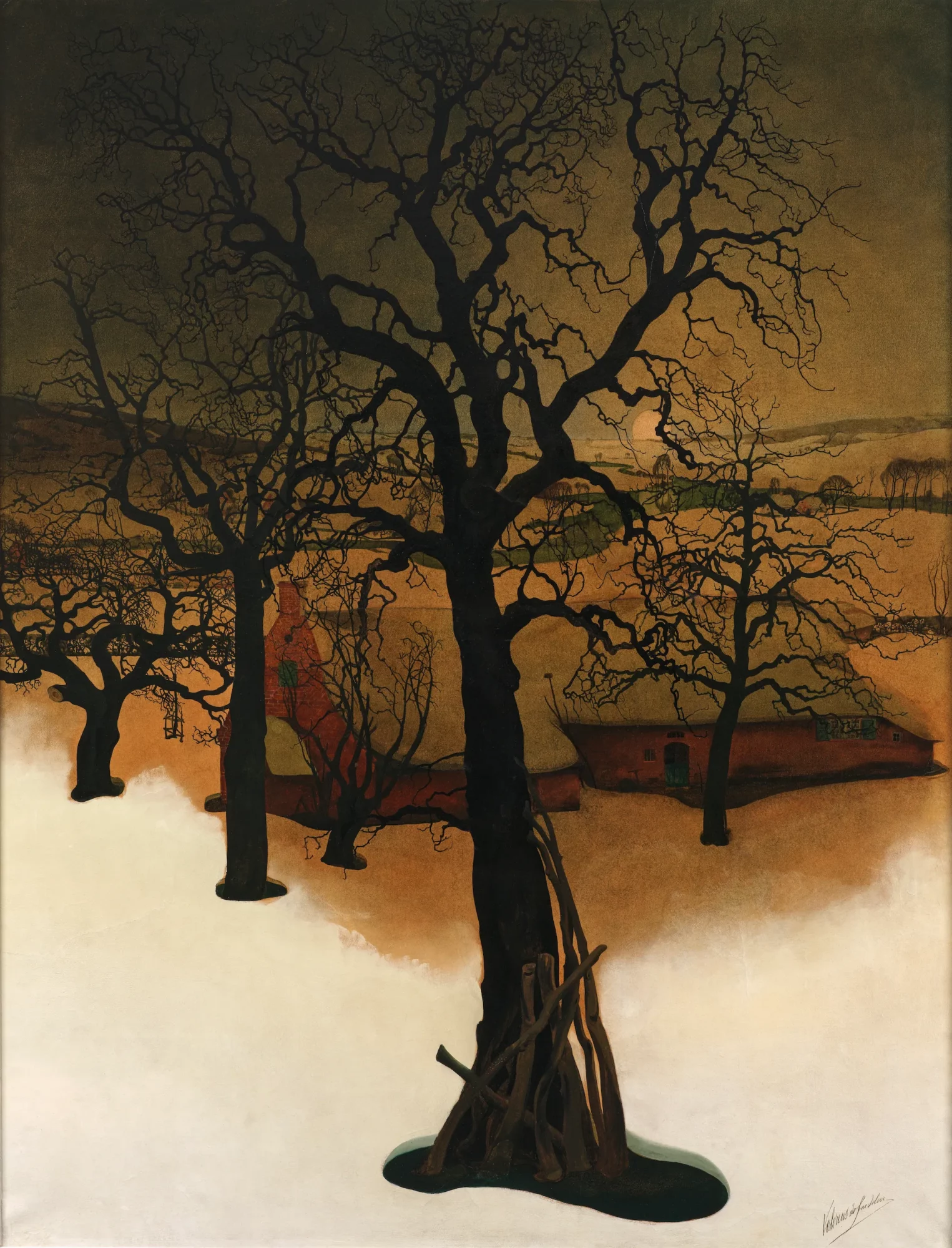 Landscape painting featuring dark leafless trees with twisting branches silhouetted against a winter landscape. Between the trunks, a few buildings appear amid snow-covered ground and muted earthy tones.