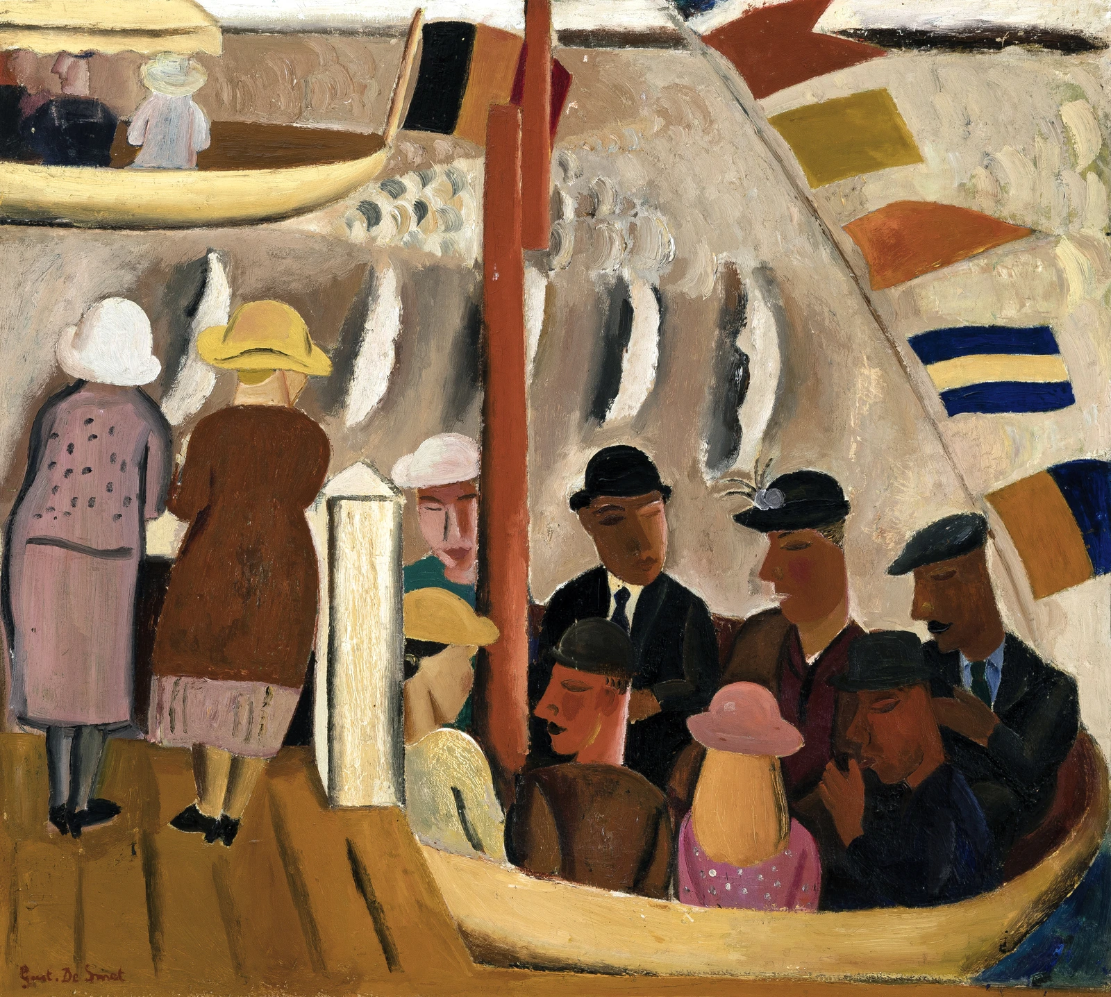 Expressionistisch schilderij van passagiers op een boot, opgebouwd uit vereenvoudigde vormen en zachte aardetinten. Figuren met hoeden zitten en staan dicht bij elkaar op het dek, terwijl vlaggen en masten het beeld ritmeren. De losse penseelvoering en hoekige compositie versterken de indruk van beweging en drukte.