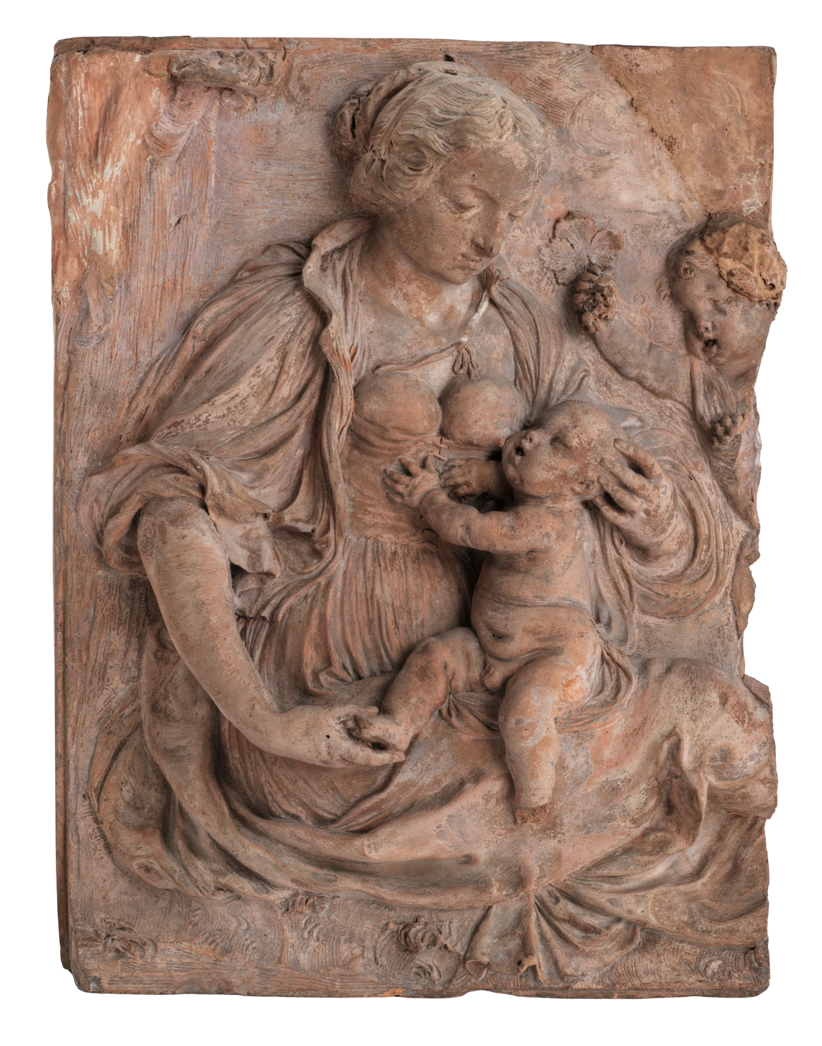 Terracotta relief depicting a seated woman with a partially exposed torso nursing a child seated on her lap. The figures are modelled with soft, flowing drapery and turned toward one another in an intimate gesture.