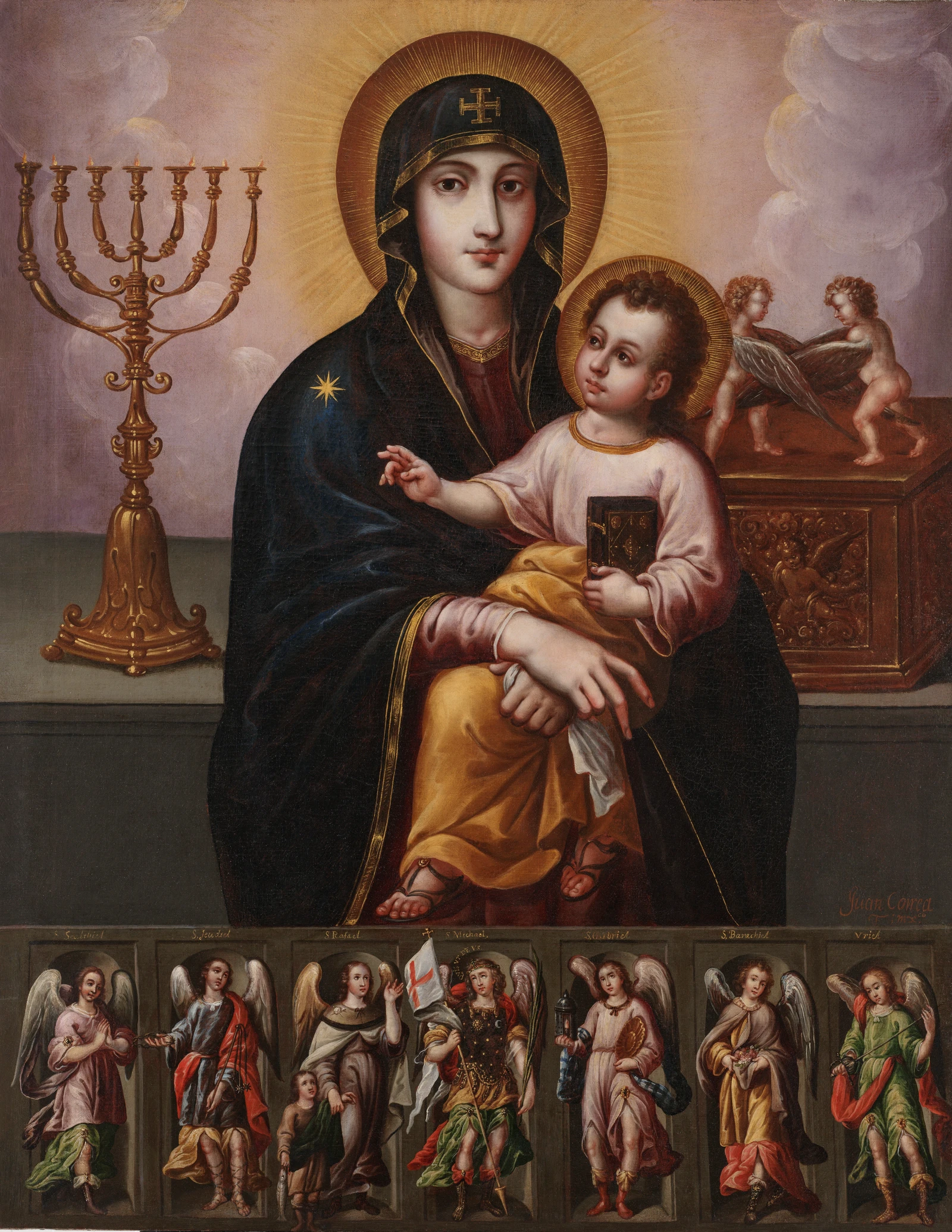Icon of the Virgin Mary seated with the Christ Child against a background of clouds. Mary wears a dark blue mantle decorated with golden stars and a crown, while the Child holds a small book. A seven-branched candelabrum appears on the left and a winged angel rests on a pedestal to the right. Along the lower edge, a row of small standing saints is depicted in individual panels.