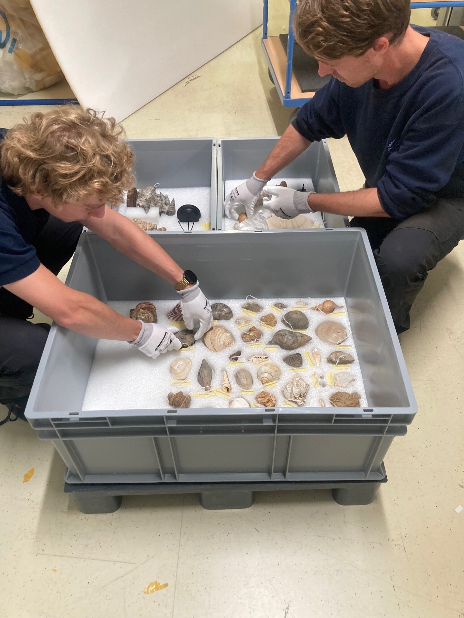 Staff members at The Phoebus Foundation carefully positioning and packing art objects in a transport crate in the depot, in preparation for shipment.