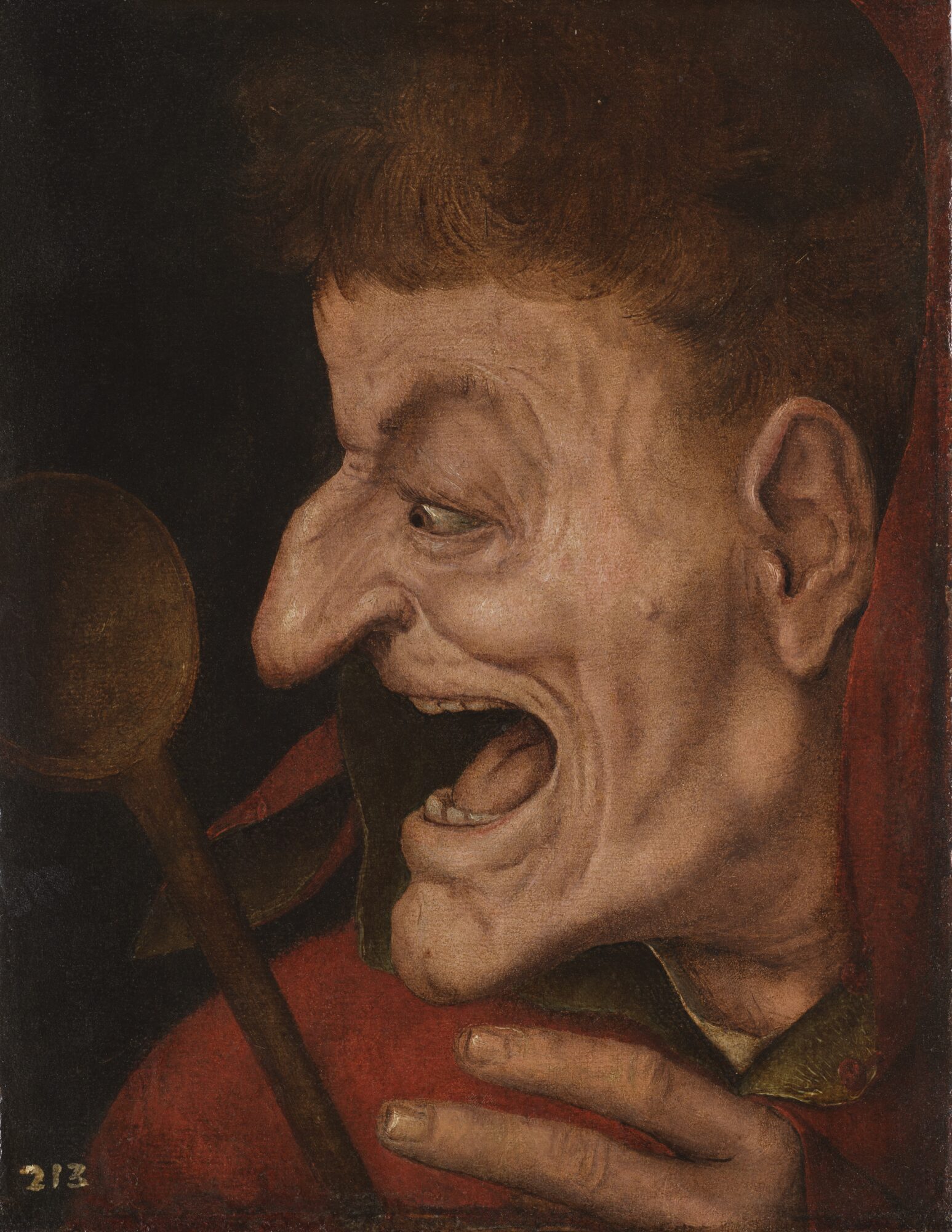 Portrait of a man holding a wooden spoon, shown in profile with an open mouth, painted by Quinten Metsys, c. 1525–1530.
