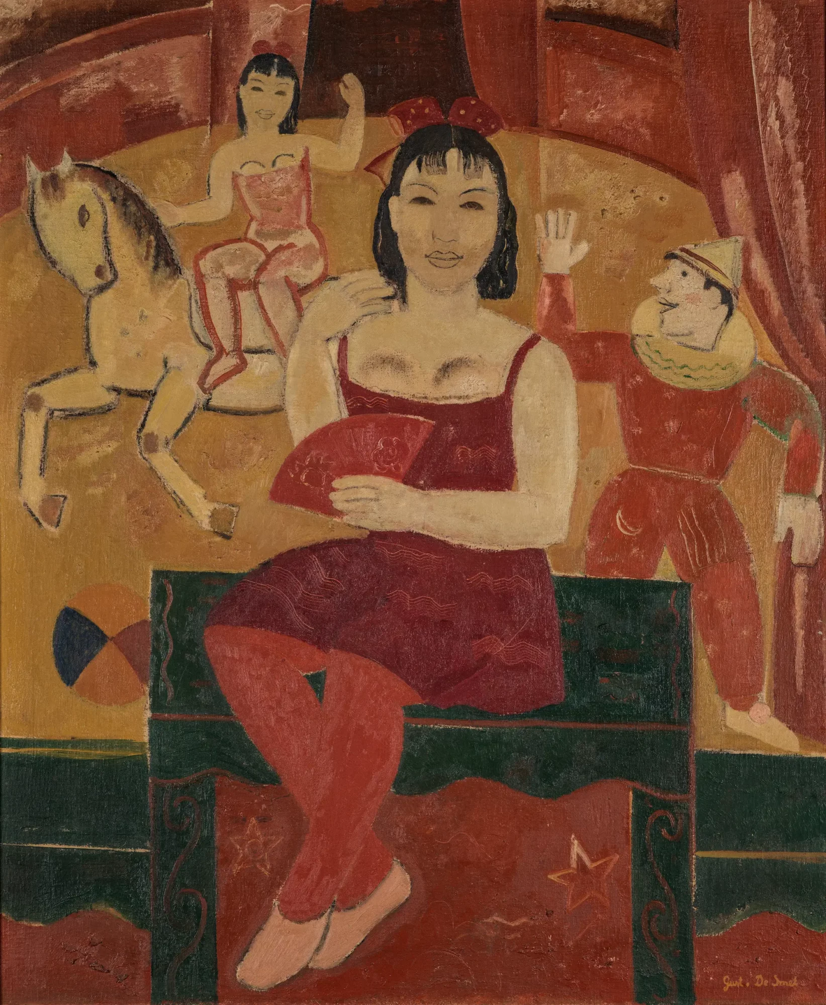 Schilderij van een zittende vrouw in rode jurk in een circusachtige setting, met figuren en een paard op de achtergrond, geschilderd door Gustave De Smet, 1930.