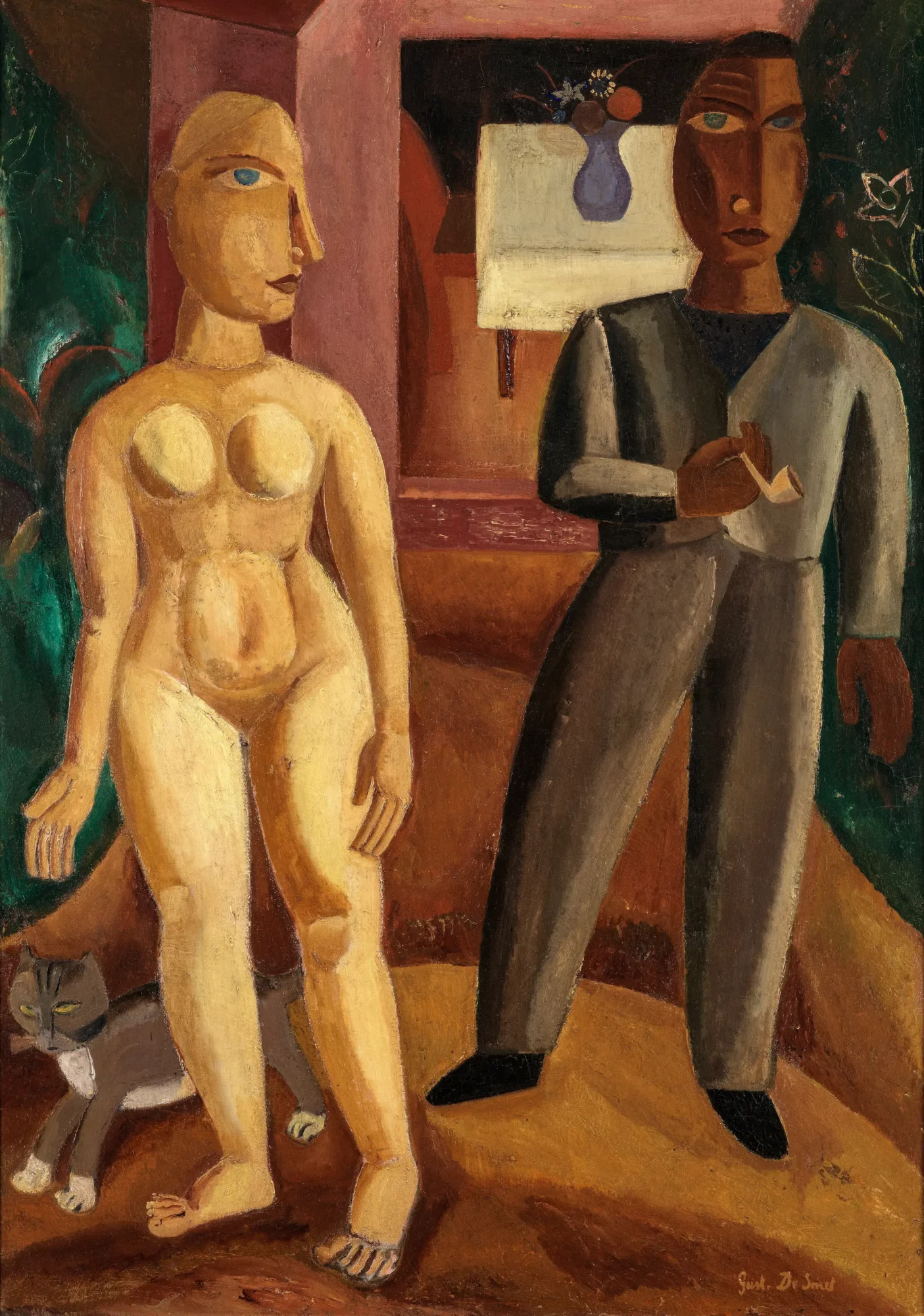 Schilderij van twee gestileerde figuren, een naakte vrouw en een geklede man, in een interieur met een kat, geschilderd door Gustave De Smet, 1921.