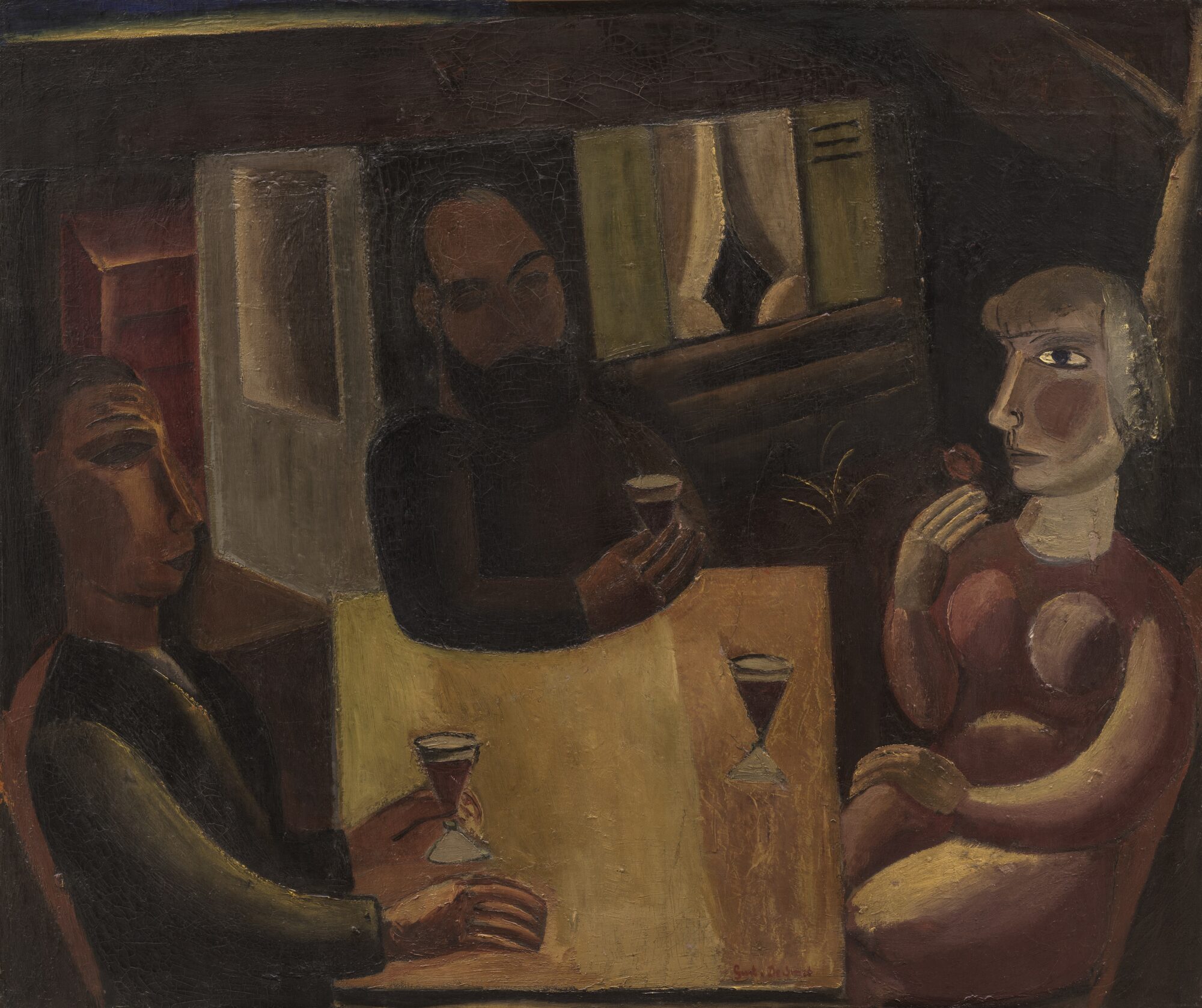Painting of three figures seated around a table with glasses, in a dark interior, by Gustave De Smet, 1921.