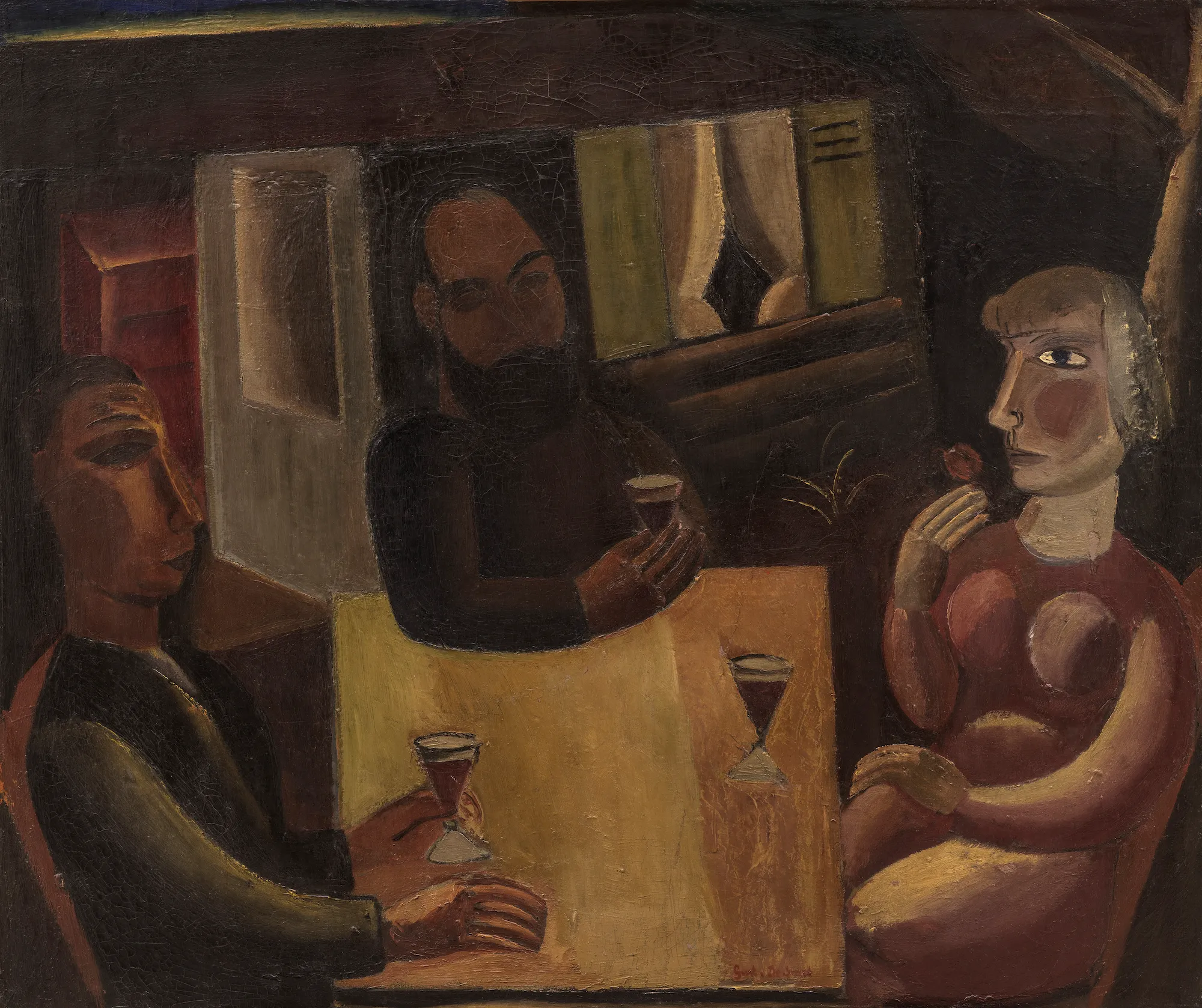 Schilderij van drie figuren rond een tafel met glazen, in een donker interieur, geschilderd door Gustave De Smet, 1921.