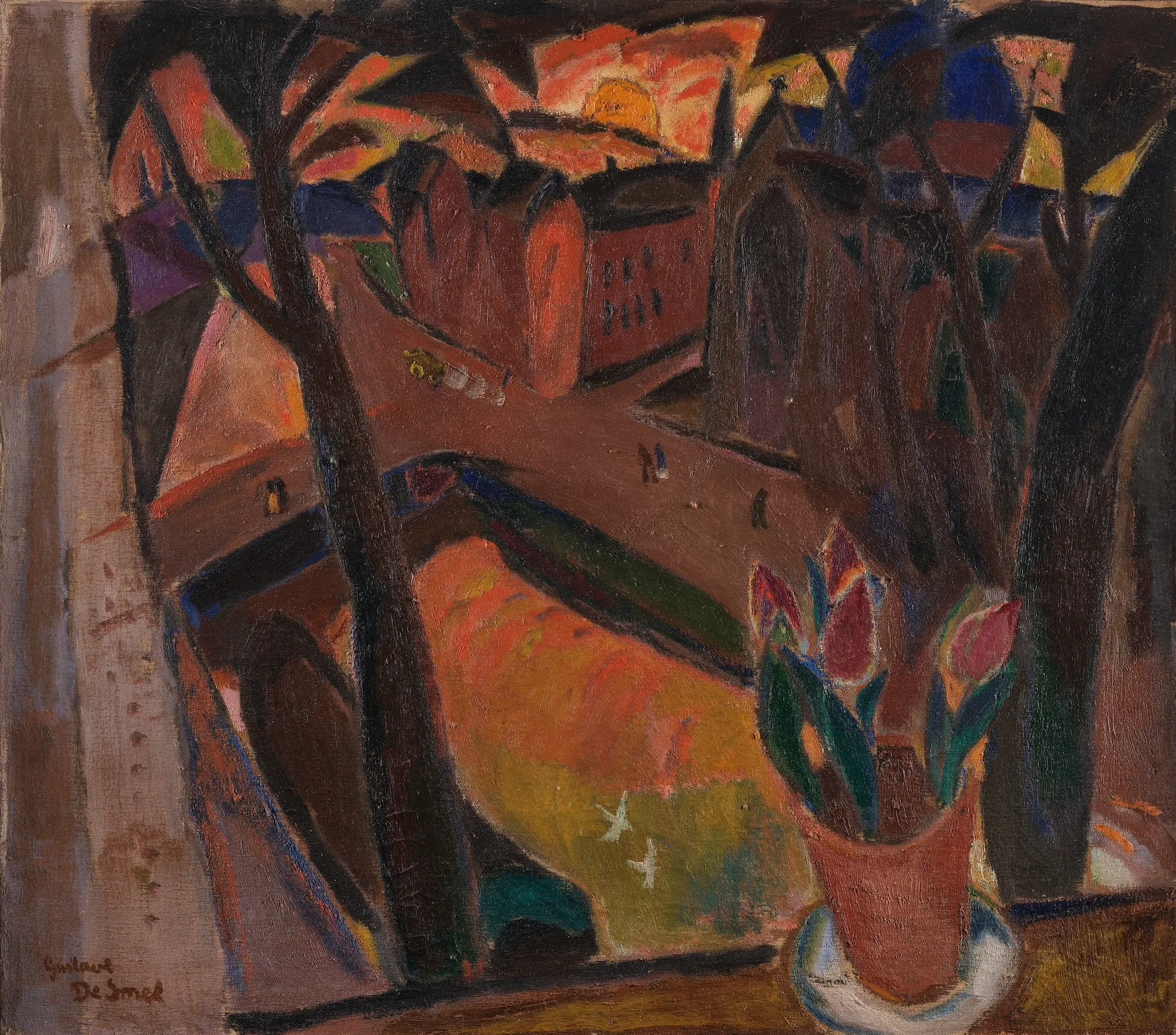 Schilderij van een uitzicht op een stad door een raam, met bomen en een bloempot op de voorgrond, geschilderd door Gustave De Smet, 1916.