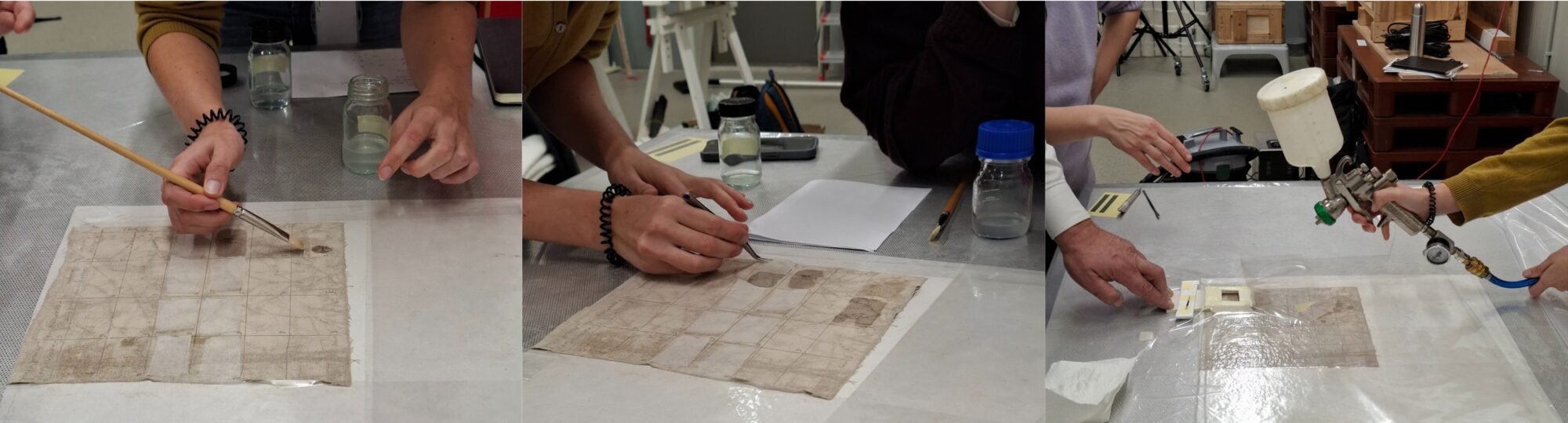 Hands-on exercises during a conservation workshop at The Phoebus Foundation, where paper mock-ups with powdery paint layers are consolidated with and without a low-pressure table, using different adhesives and application techniques.
