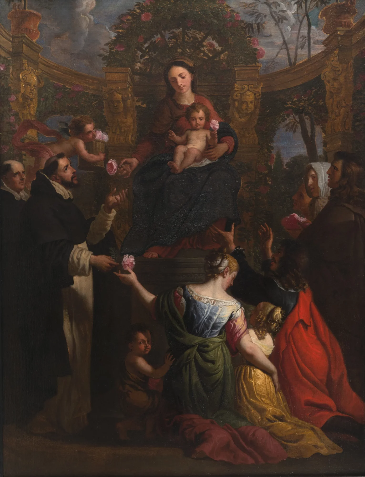 Baroque painting of the Virgin Mary seated with the Christ Child on a throne-like seat in an enclosed garden, surrounded by saints and worshippers. Mary offers a rose while the Child sits on her lap.