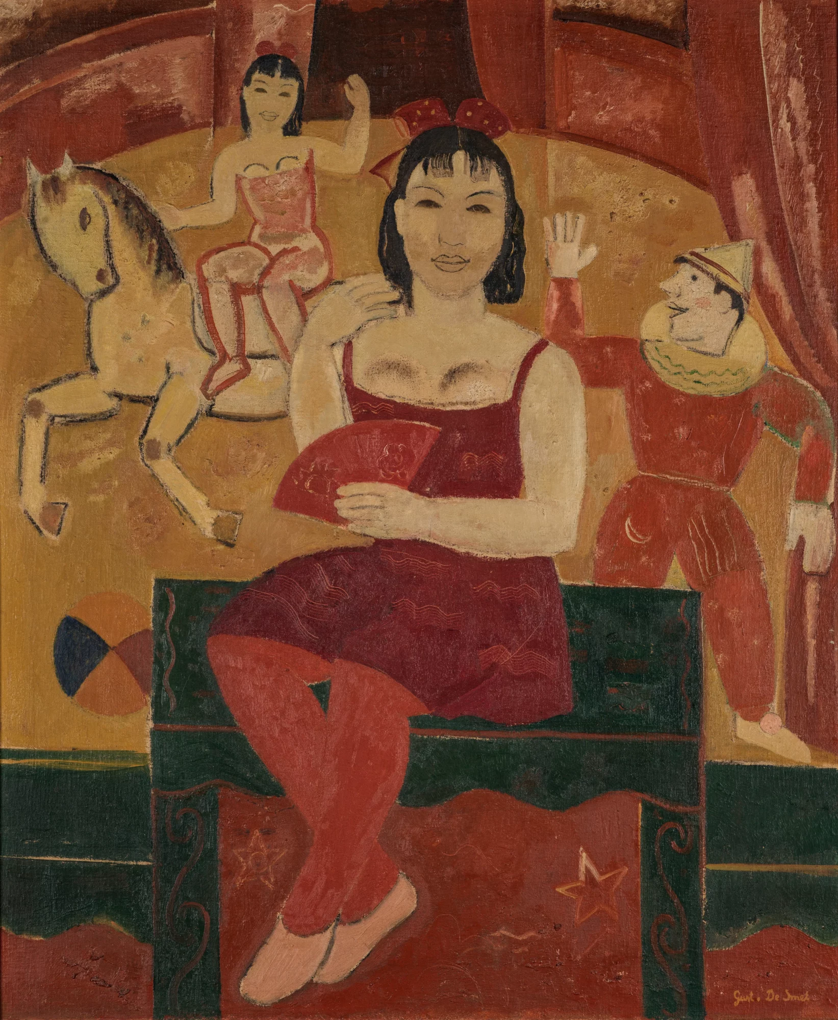 Schilderij van een zittende vrouw in rode jurk in een circusachtige setting, met figuren en een paard op de achtergrond, geschilderd door Gustave De Smet, 1930.