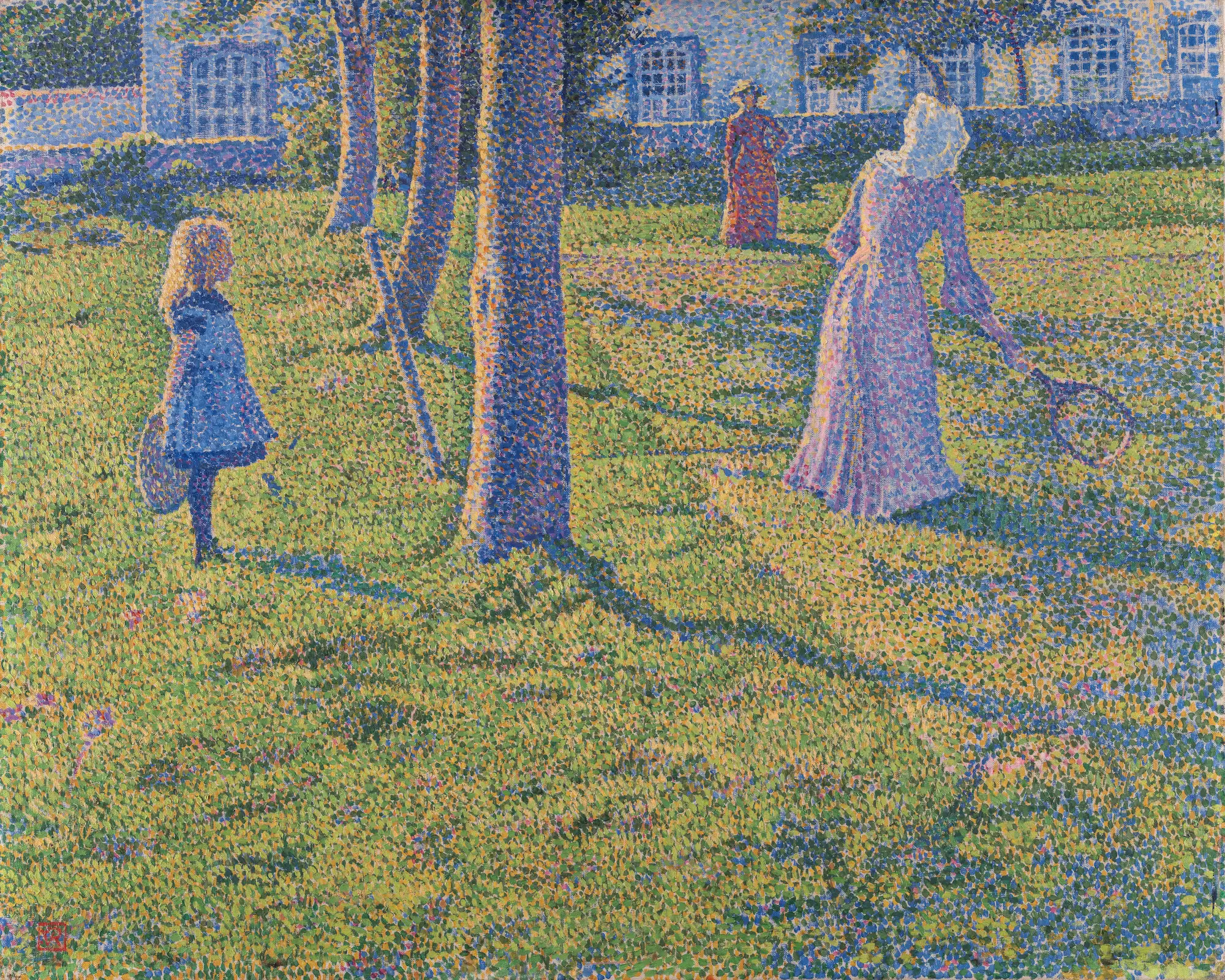Pointillist painting of a sunlit park with a young girl wearing a hat and a woman in a pale pink dress walking with a small child among the trees, with a grand country house in the background.