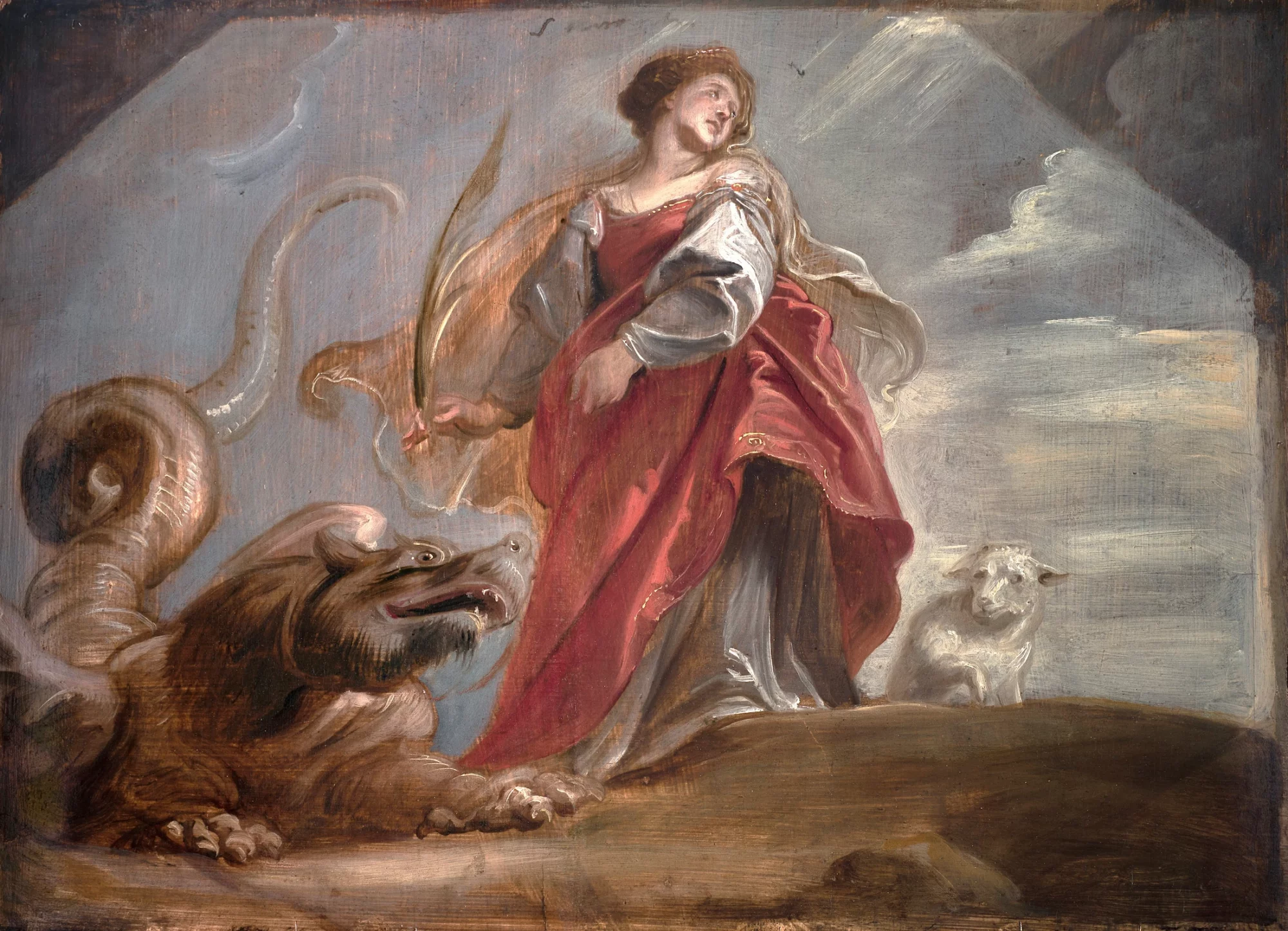Peter Paul Rubens, modello van de heilige Margaretha met een draak, een lam en een palmtak, olieverfschets voor een plafondschilderij in de Antwerpse jezuïetenkerk, ca. 1620.