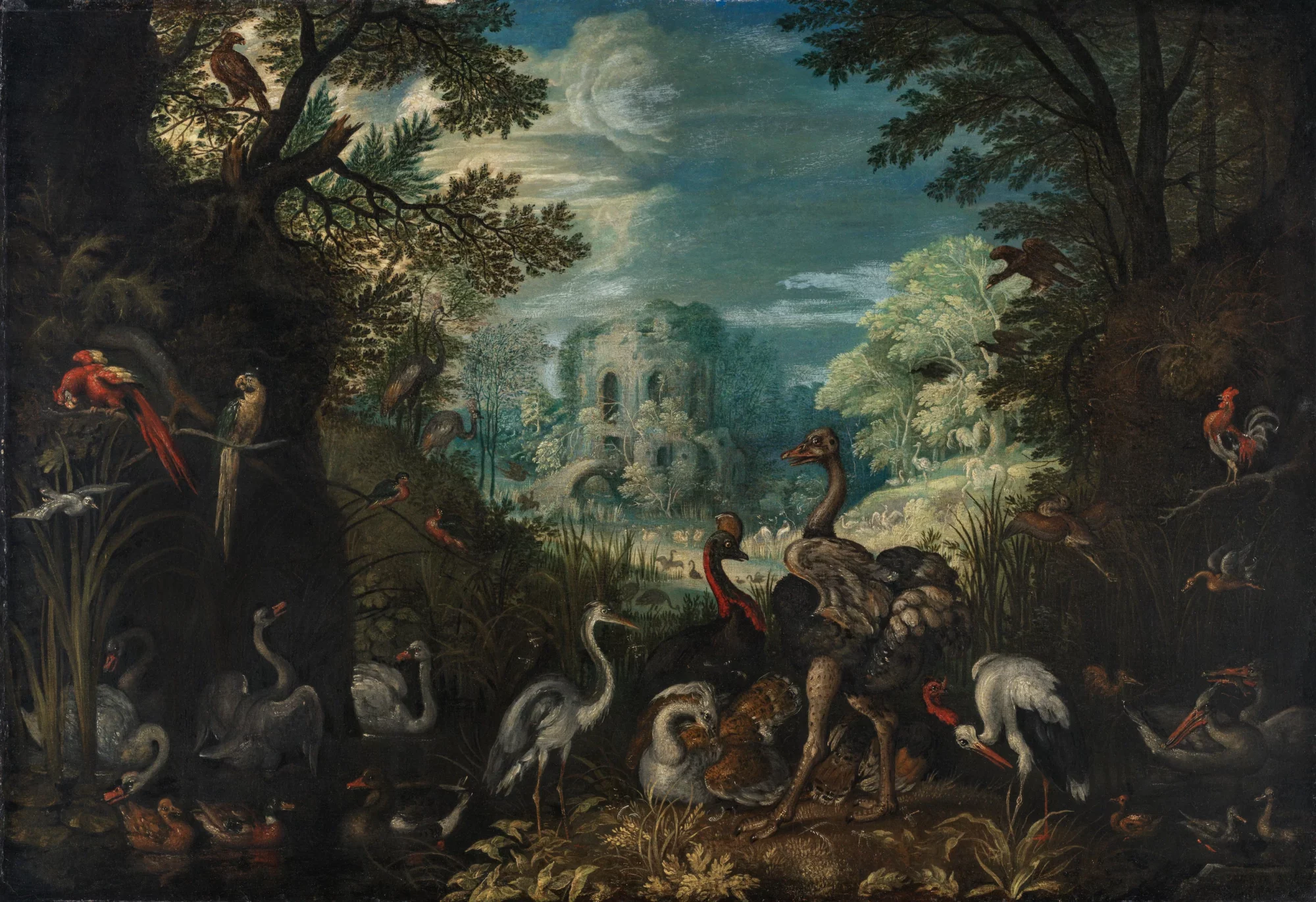 Schilderij van Roelant Savery met een bosrijk landschap, een toren en verschillende watervogels, 1625