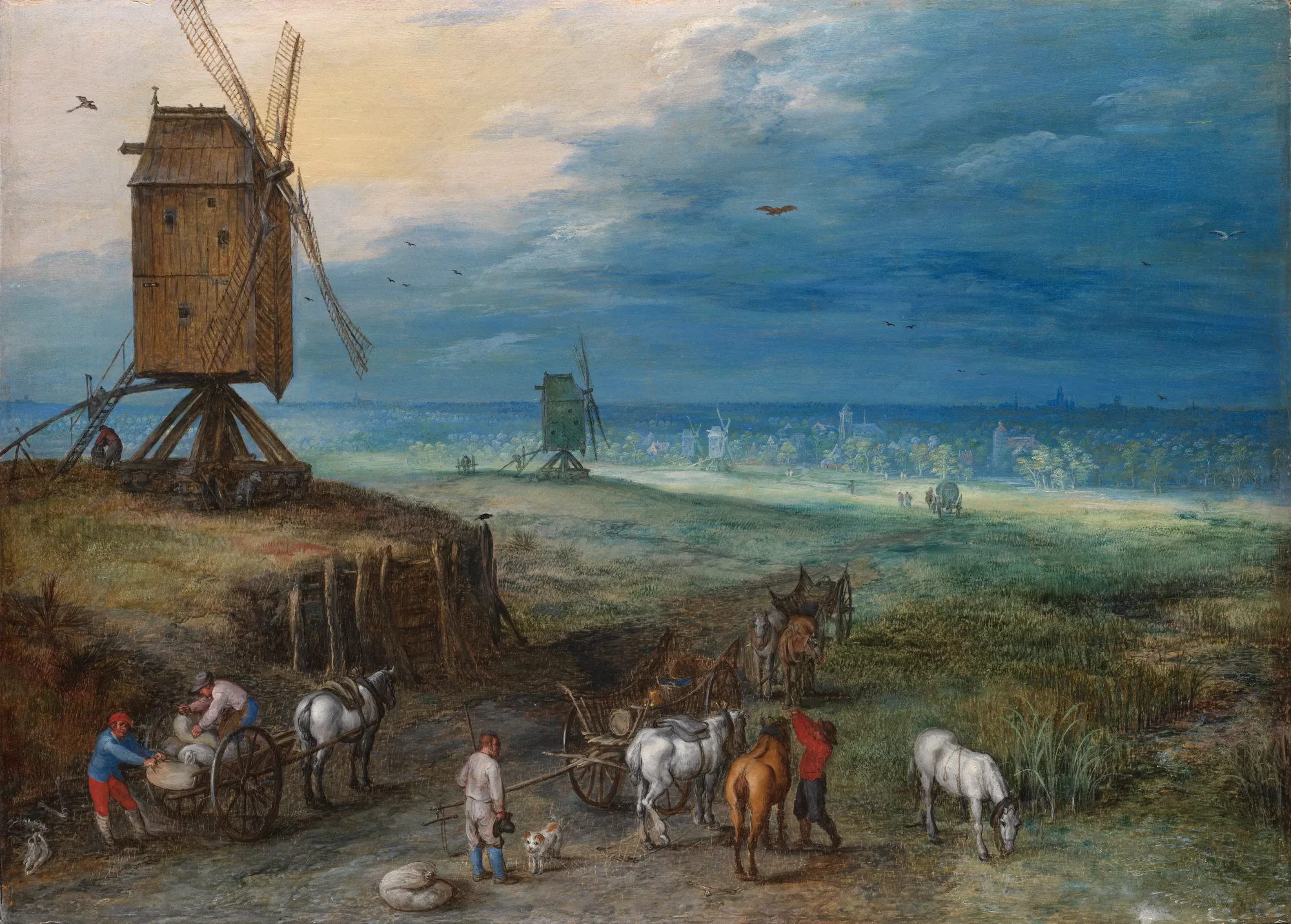 Jan I Brueghel, Landschap met molens, met windmolens, reizigers en paarden in een weids landschap, ca. 1611