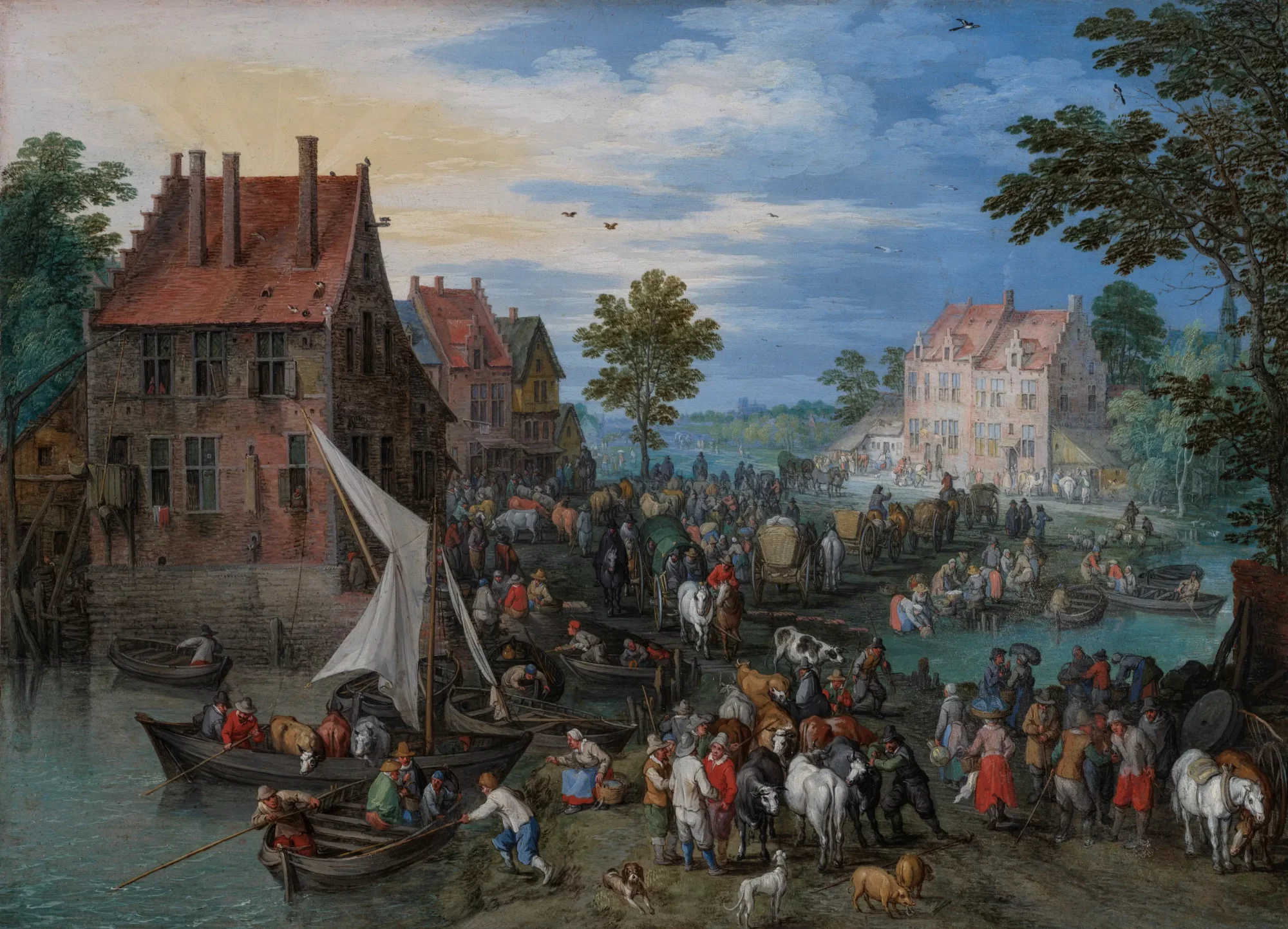 Schilderij van Jan I Brueghel met een drukke dorpsmarkt aan het water, ca. 1613