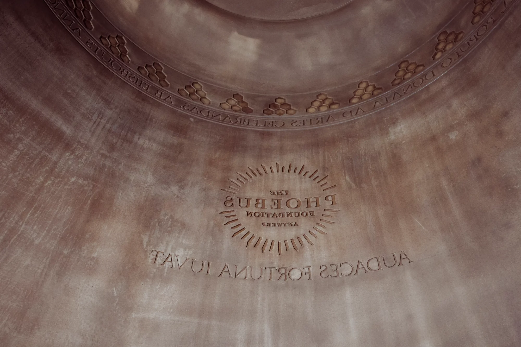 Detail of The Phoebus Foundation inscription inside the first bell of the Singelberg Carillon.