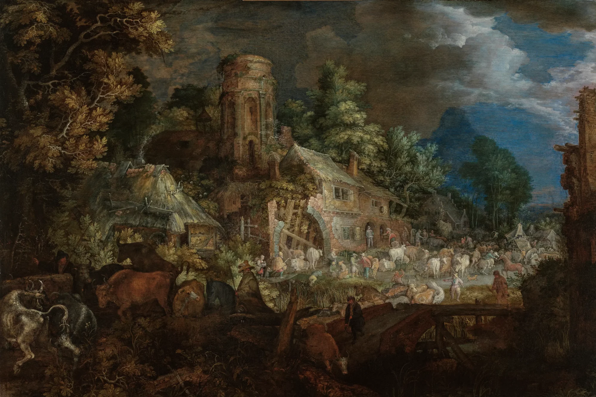 Roelant Savery, Veemarkt, met vee, figuren en dorpsarchitectuur in een bosrijk landschap, ca. 1600–1620
