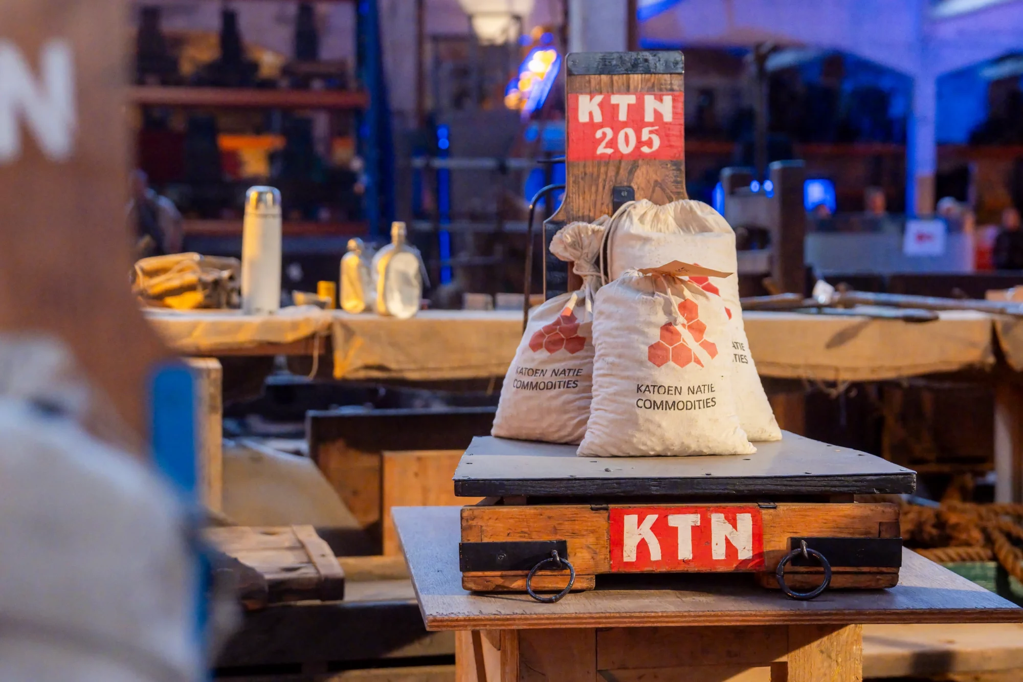 Historic Katoen Natie goods and transport equipment at Den Argentin in Antwerp.