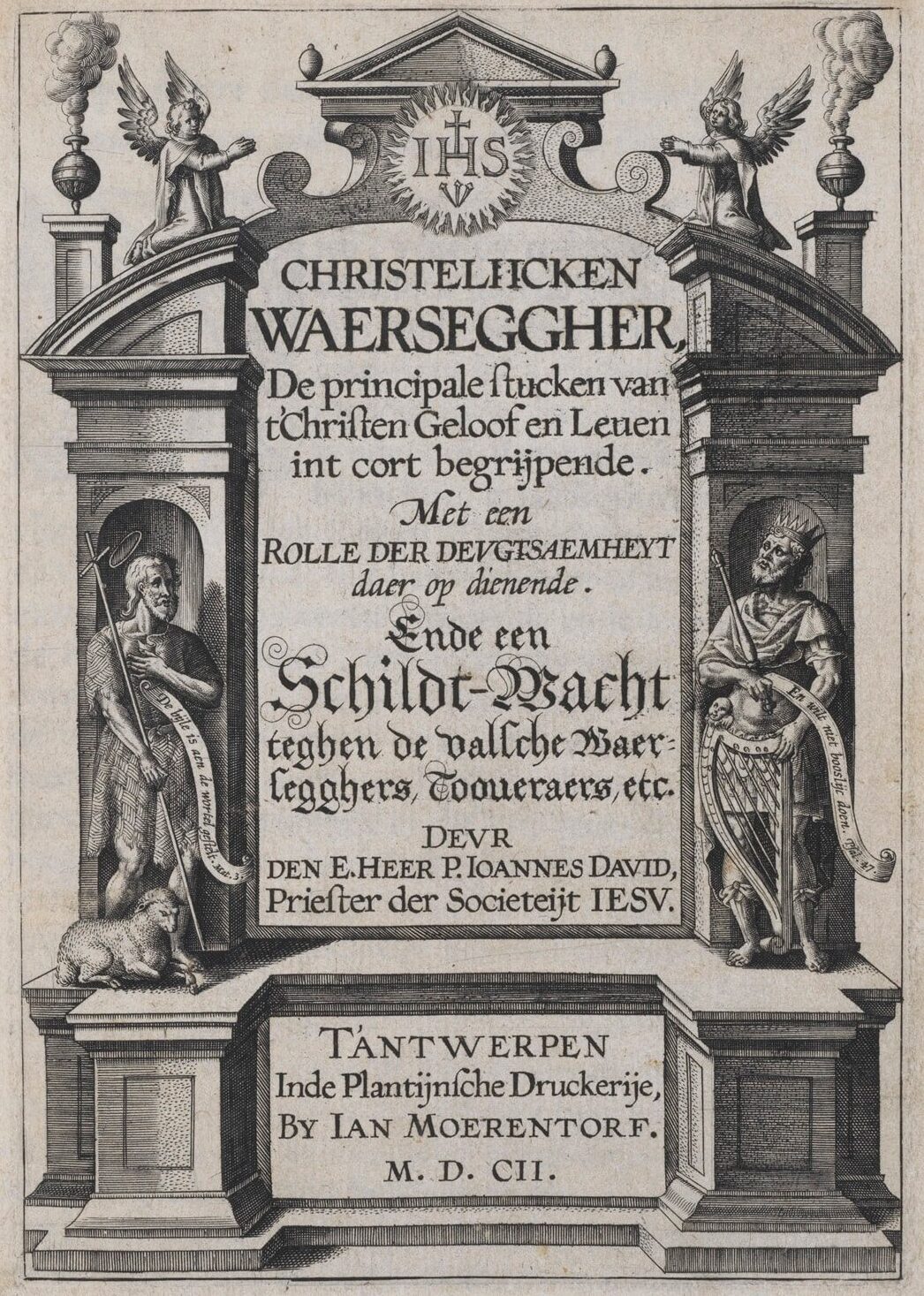 Titelpagina van Joannes David, S.J., Christeliicken waerseggher, uitgegeven in Antwerpen in 1602, met verwijzingen naar waarzeggers, tovenaars en christelijke deugd.
