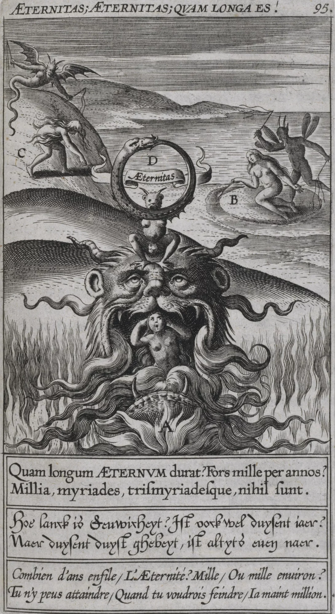Prent uit Christeliicken waerseggher van Joannes David, S.J., met een ouroboros als symbool van de eeuwigheid, omringd door demonische figuren en vuur.