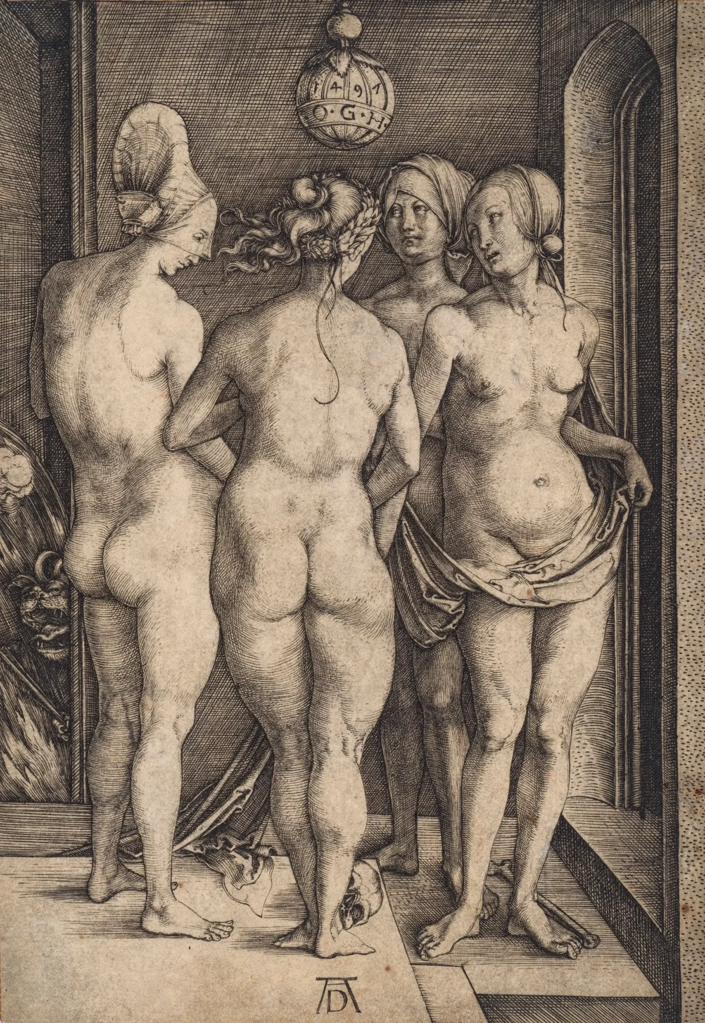 Prent van Albrecht Dürer met vier naakte vrouwen in een interieur, met boven hen een bol met de letters O.G.H. en op de achtergrond een demonische figuur.