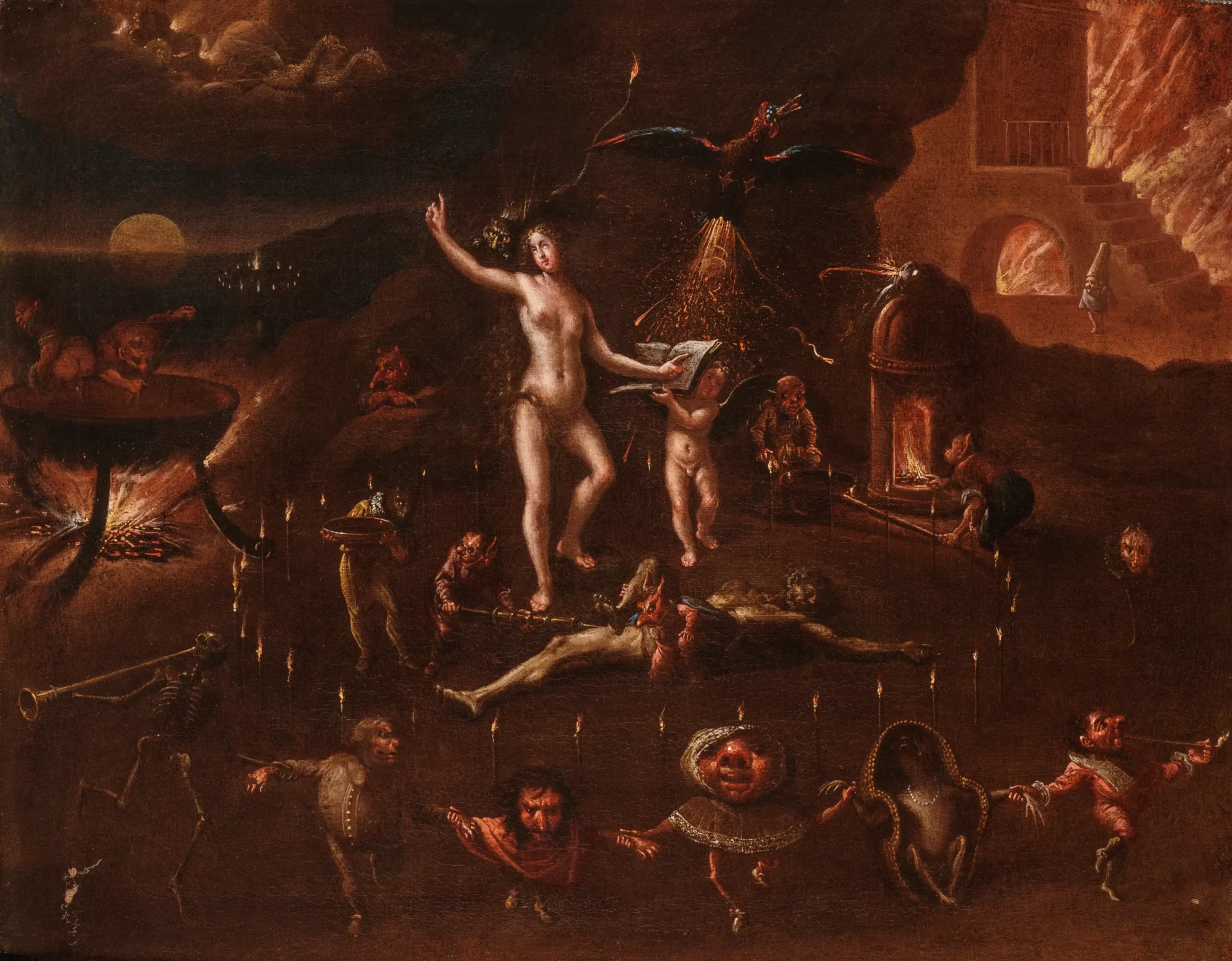 Schilderij van een heks die de sabbat voorbereidt, omringd door demonen, vuur, magische voorwerpen en vreemde wezens in een duister landschap.