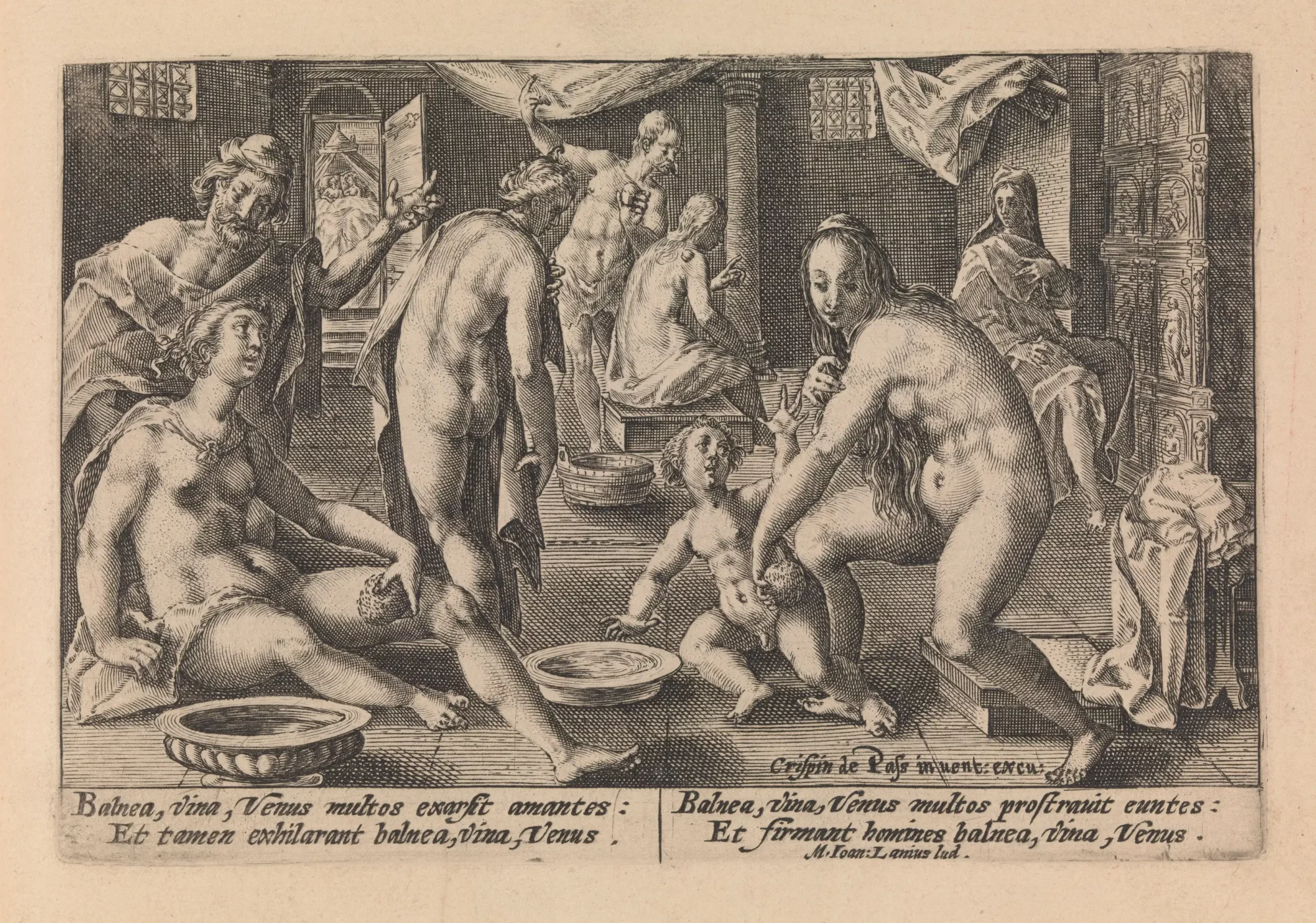 Historische prent van een badhuis met badende mannen, vrouwen en een kind, door Crispijn I de Passe, uit de collectie van The Phoebus Foundation.