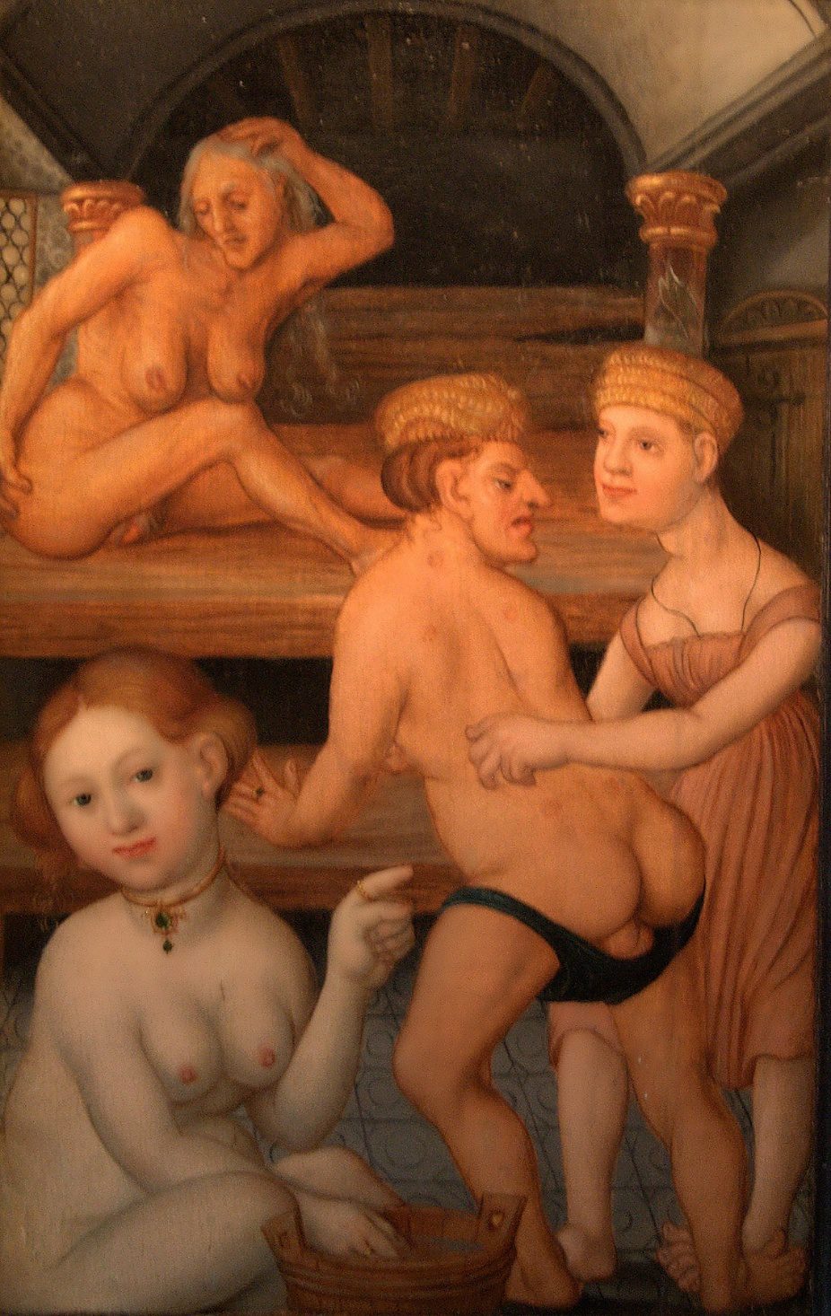 Voorstelling van een badhuis met verschillende badende en halfgeklede figuren, door Hans Baldung Grien, uit de collectie van The Phoebus Foundation.
