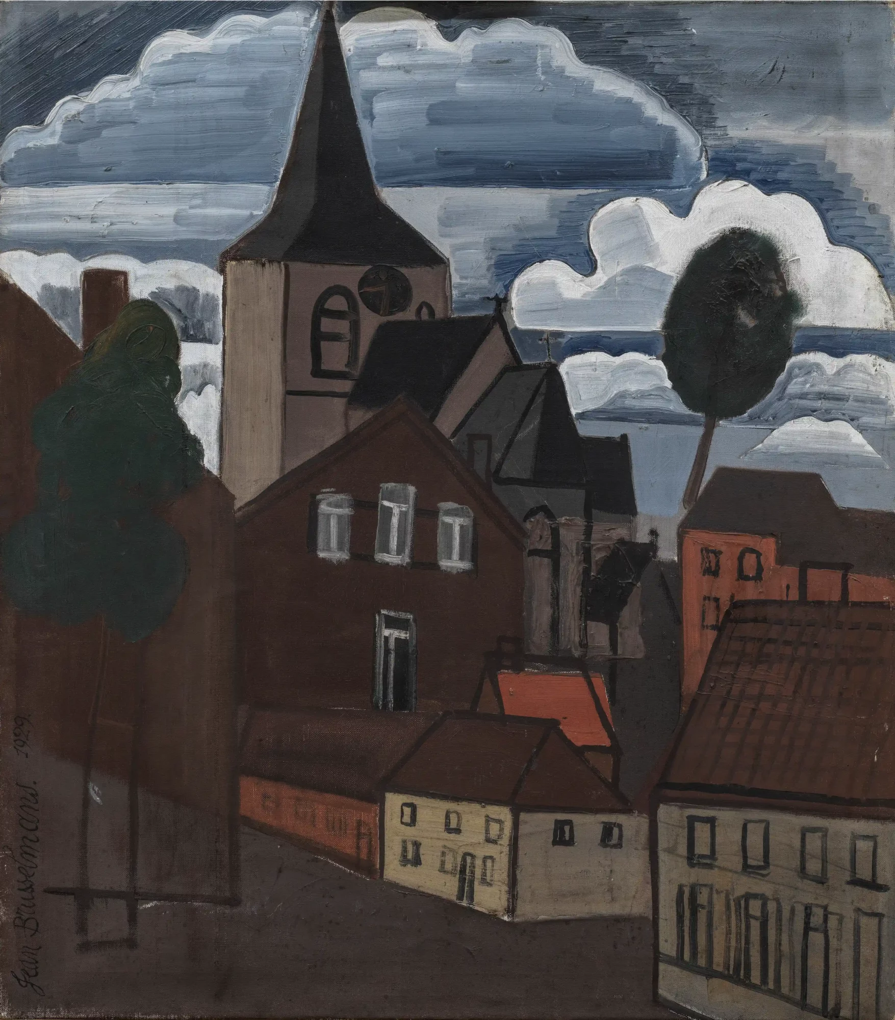 Schilderij van Jean Brusselmans met een dorpsgezicht in Dilbeek, opgebouwd uit huizen, bomen en een hoge kerktoren onder een bewolkte lucht.