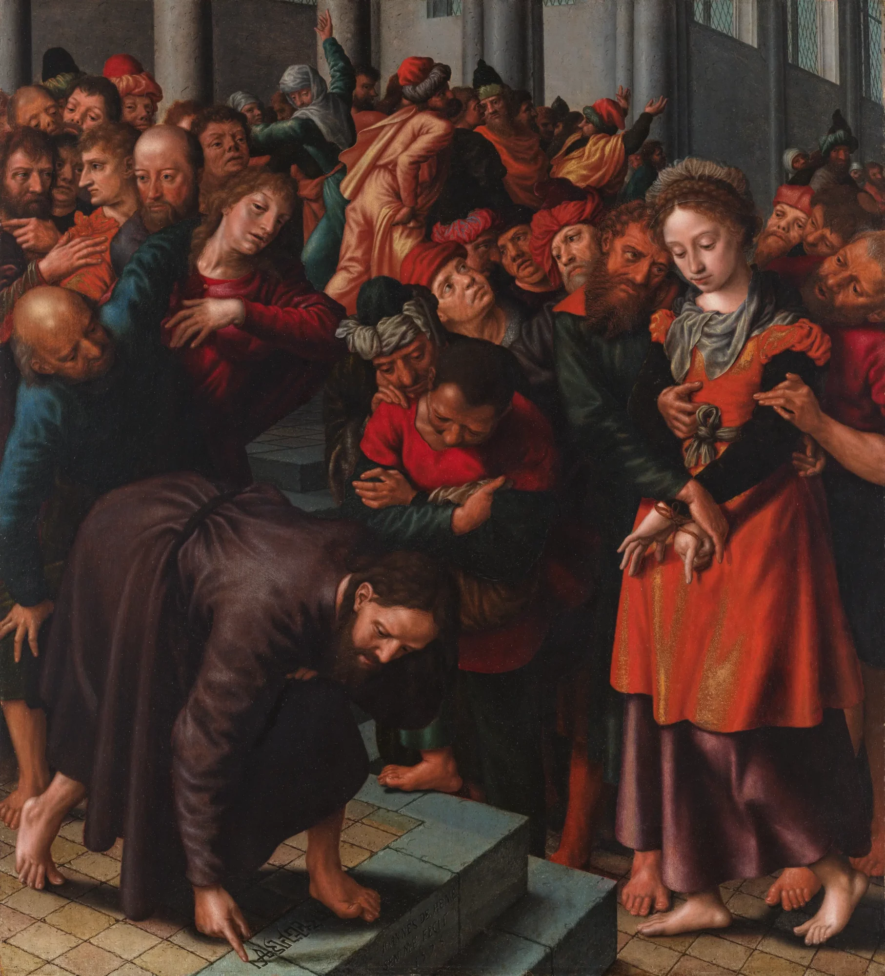 Schilderij van Jan Sanders van Hemessen met Christus die zich vooroverbuigt en in de grond schrijft, omringd door een dichte menigte en de vrouw die van overspel wordt beschuldigd.