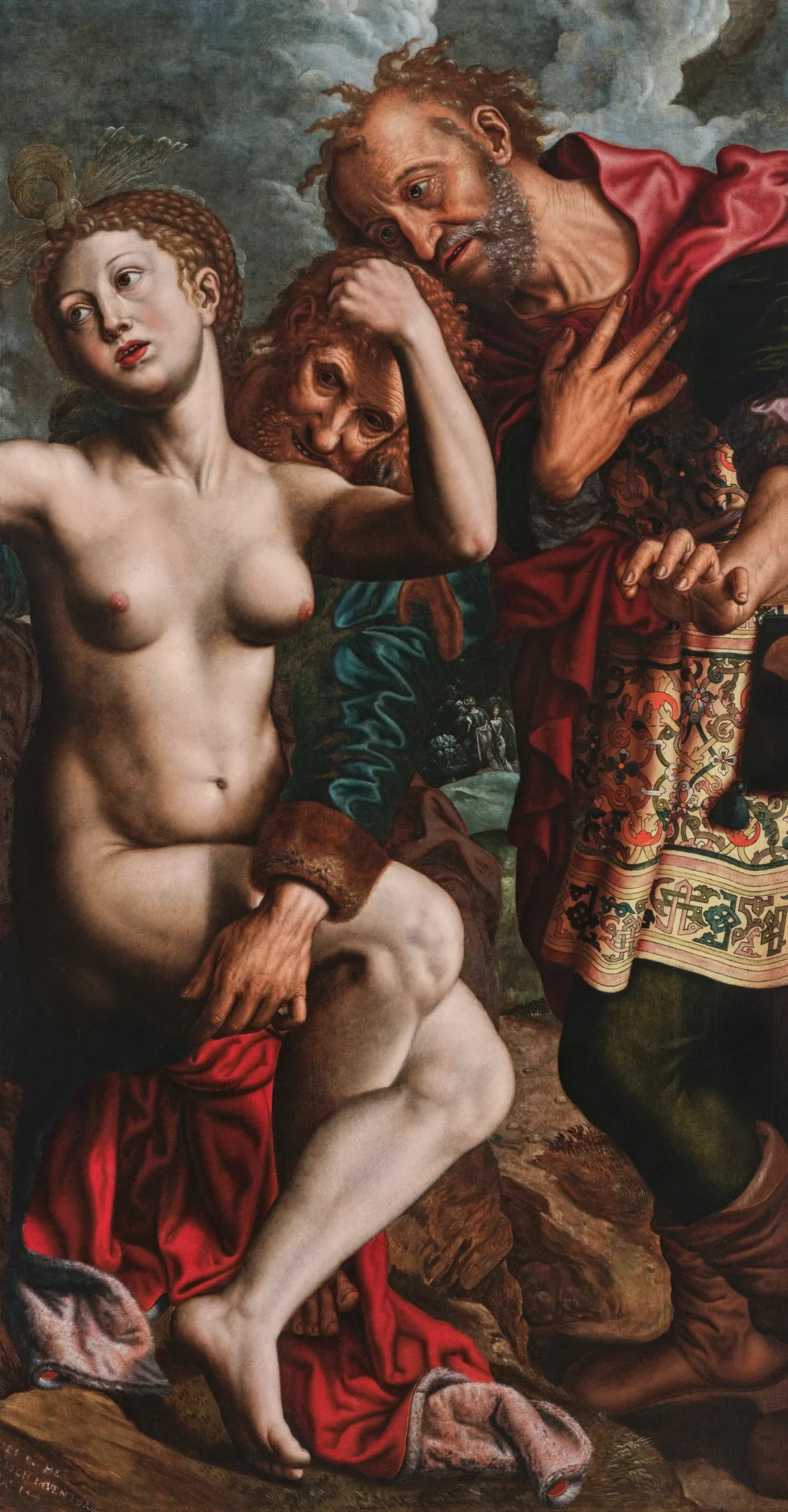 Schilderij van Jan Sanders van Hemessen met Suzanna, halfnaakt en zittend, terwijl twee oudere mannen zich dreigend over haar heen buigen.