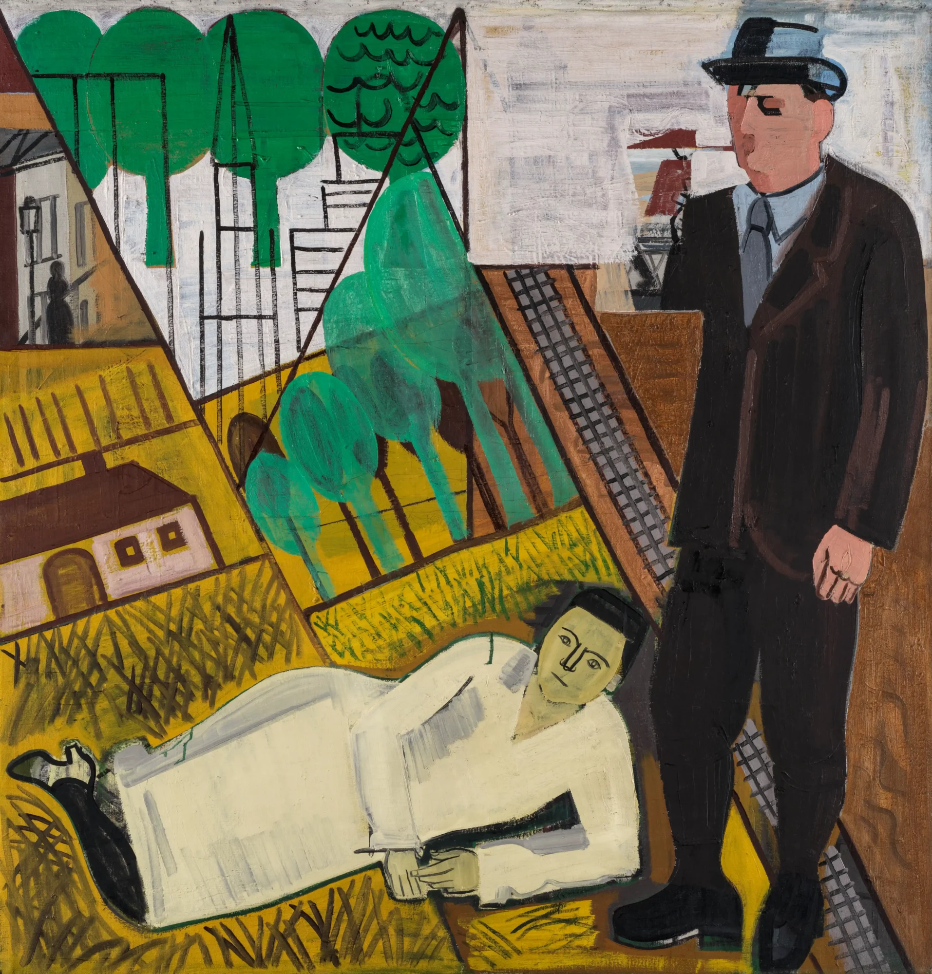 Schilderij van Jean Brusselmans met een liggende vrouw en een staande man in een gestileerd landschap met bomen, huizen en akkers.