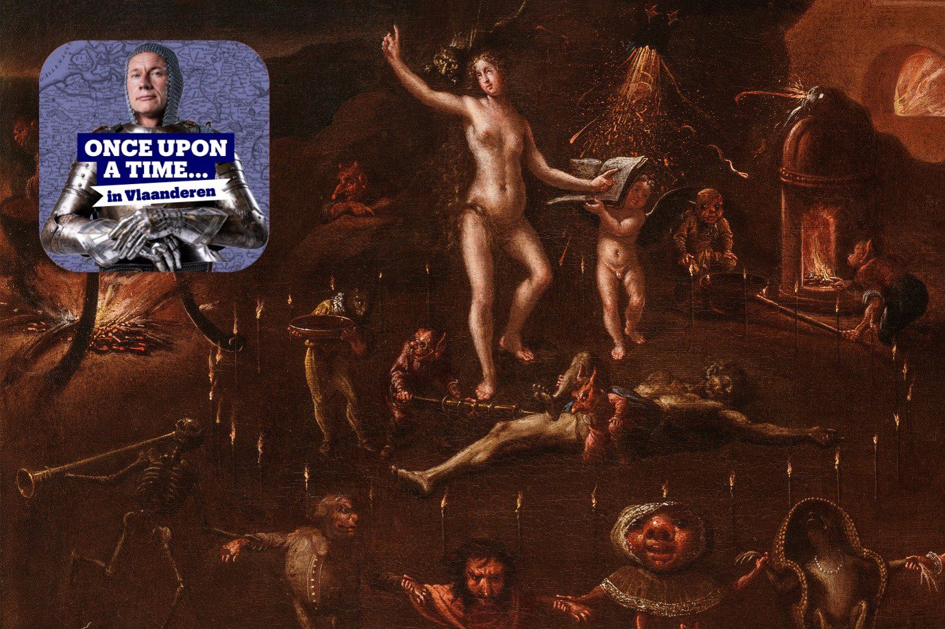 Detail van Heks die de sabbat voorbereidt, met heksen, demonen en magische rituelen, met linksboven het logo van de podcast Once Upon a Time in Vlaanderen.