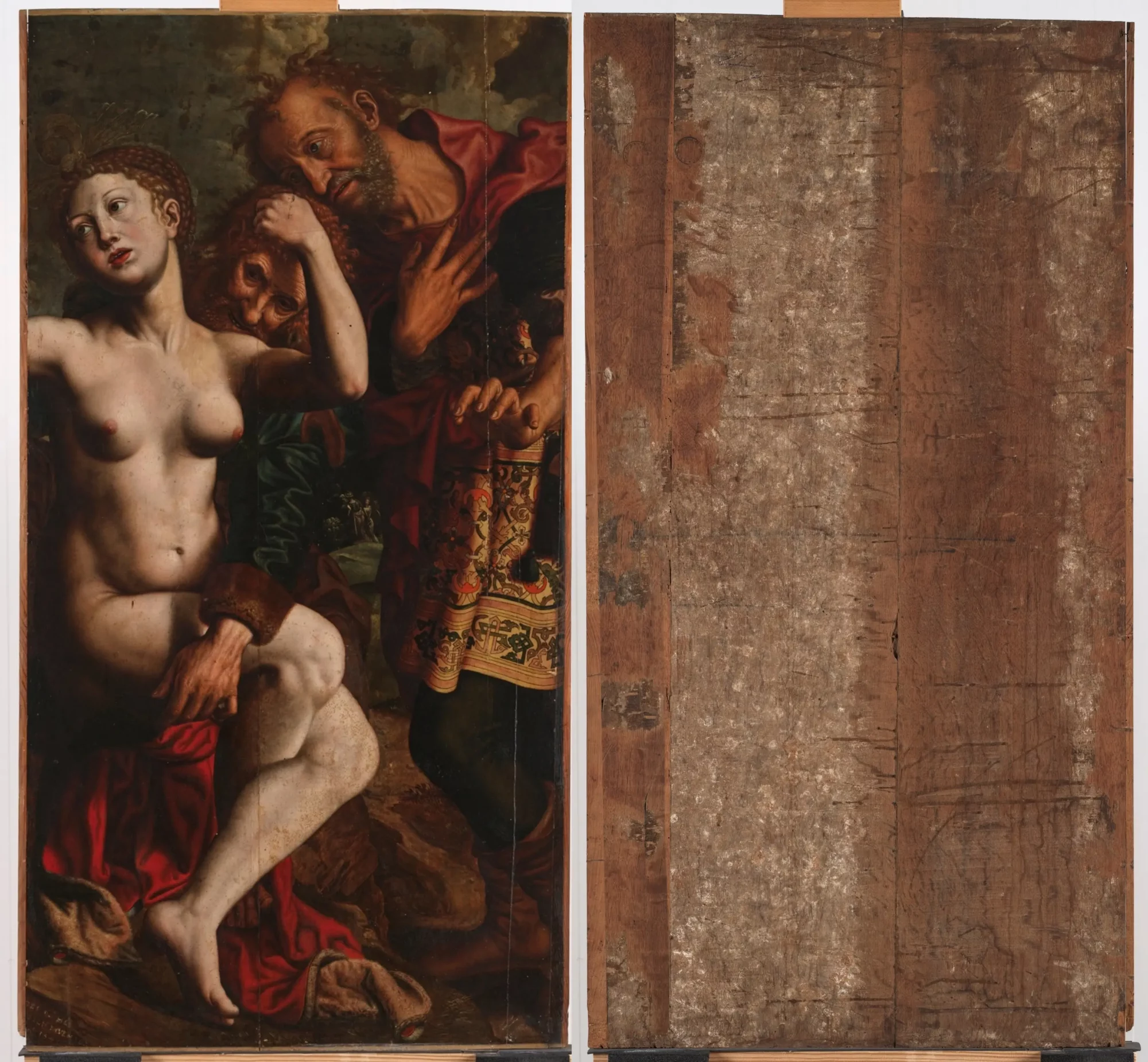 Voor- en achterzijde van Susanna en de ouderlingen (1547) van Jan Sanders van Hemessen vóór restauratie, met zicht op de houten paneeldrager.