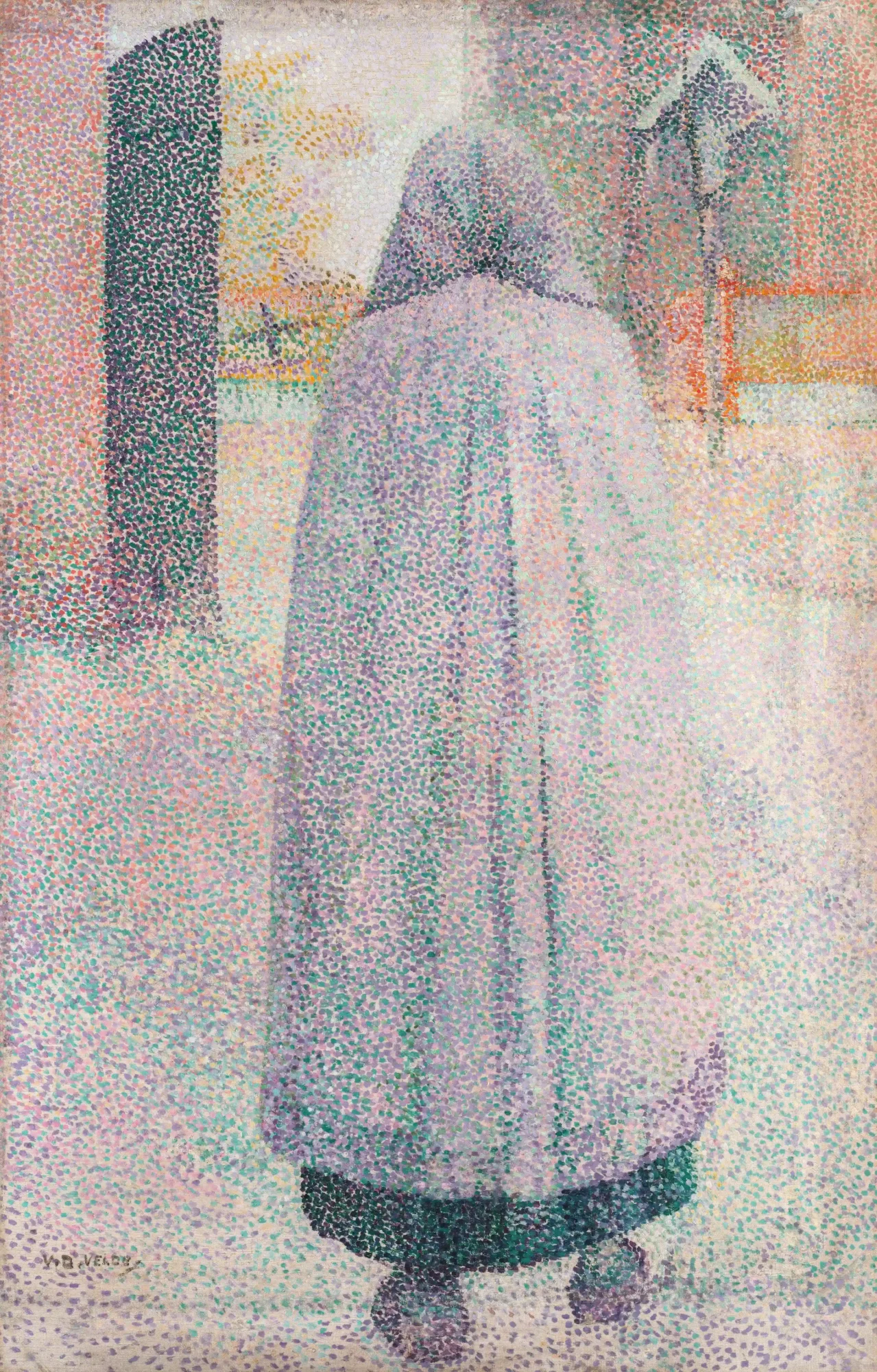 Schilderij van Henry van de Velde met een vrouw die van achteren is weergegeven terwijl ze naar de kerk wandelt, opgebouwd uit zachte pointillistische kleurtoetsen.